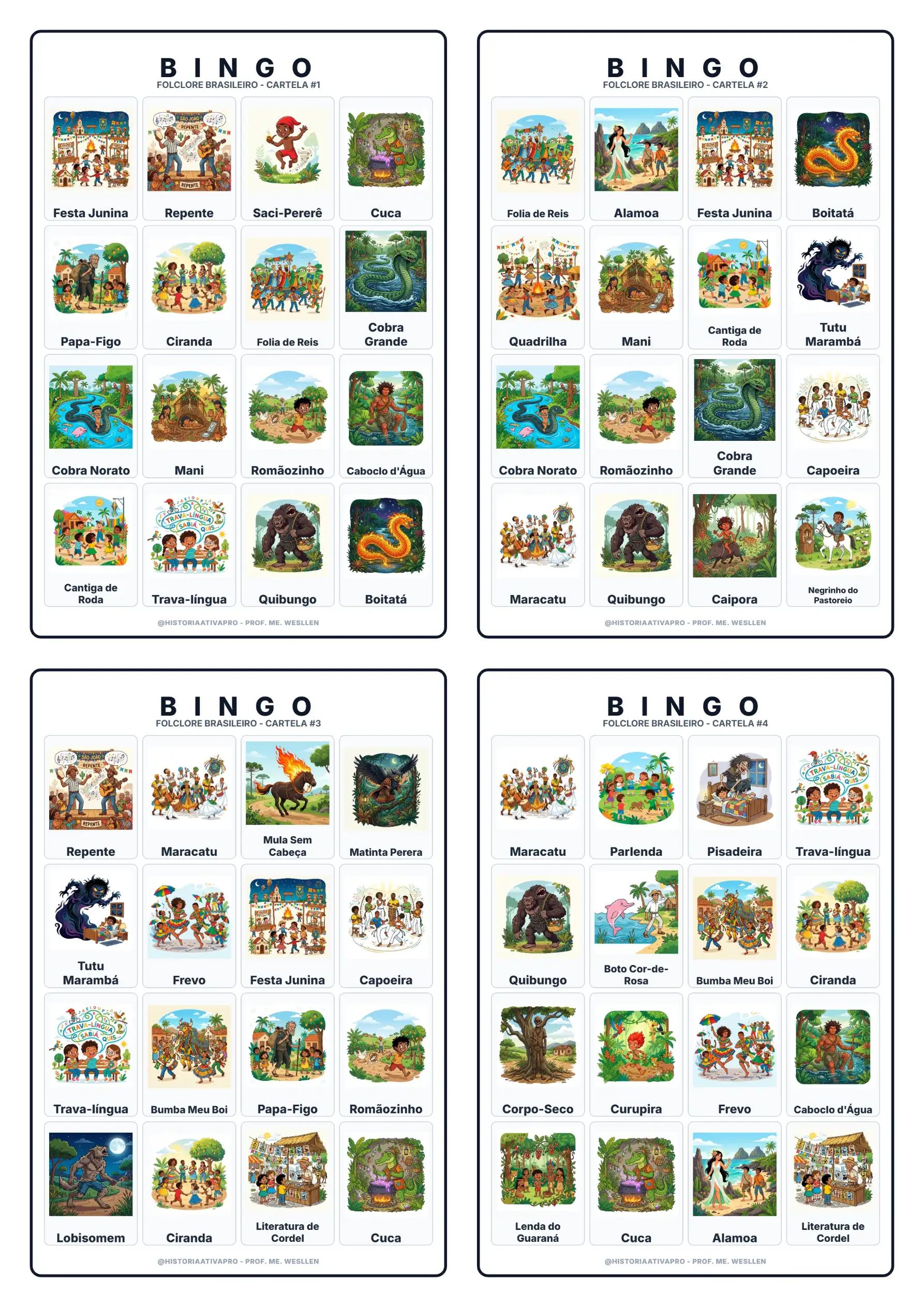 Bingo do Folclore Brasileiro: 40 Cartelas + Gabarito — amostra 5: Jogo de bingo com 40 cartelas ilustradas sobre o folclore…
