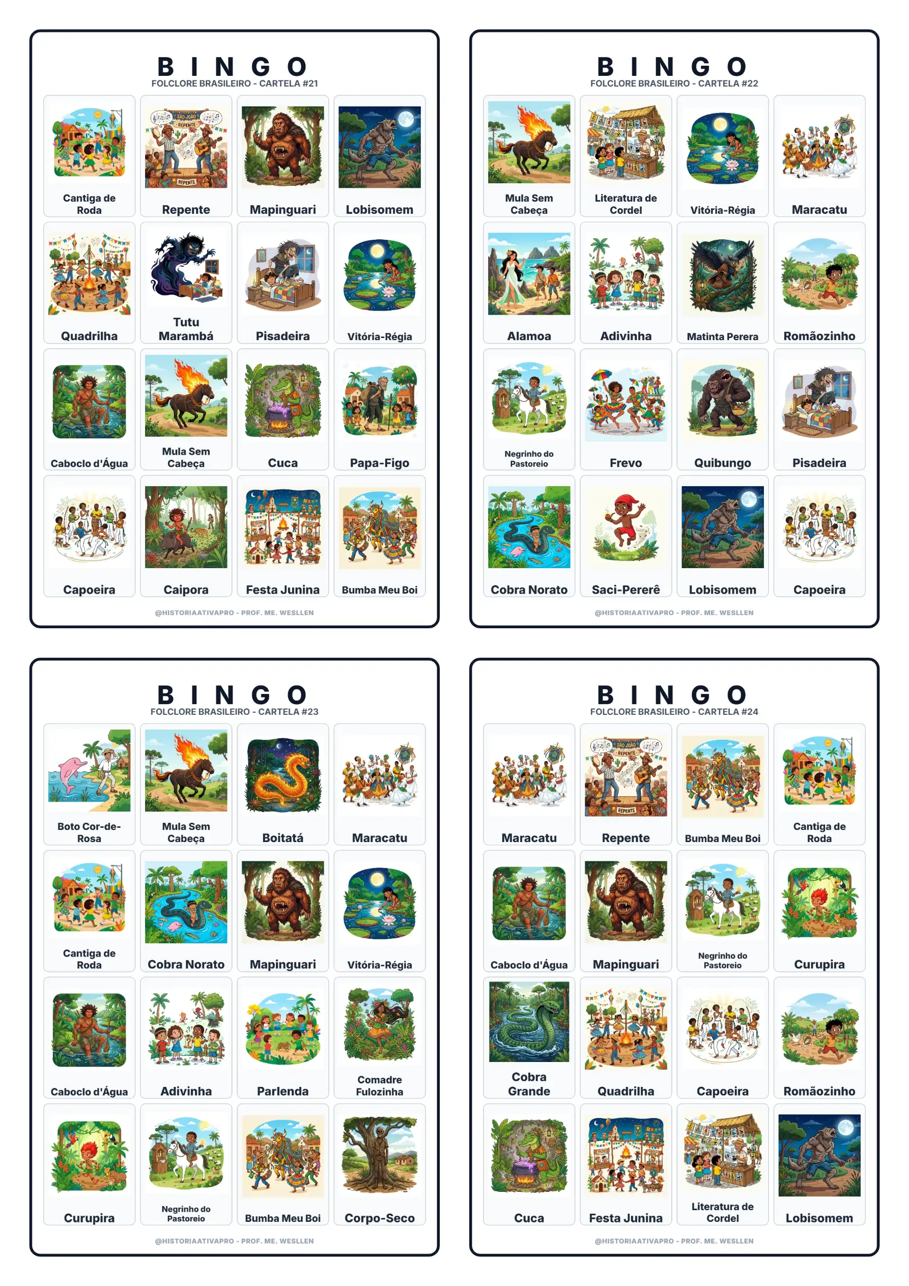 Bingo do Folclore Brasileiro: 40 Cartelas + Gabarito — Jogos pedagógicos para Todas as séries: Jogo de bingo com 40…