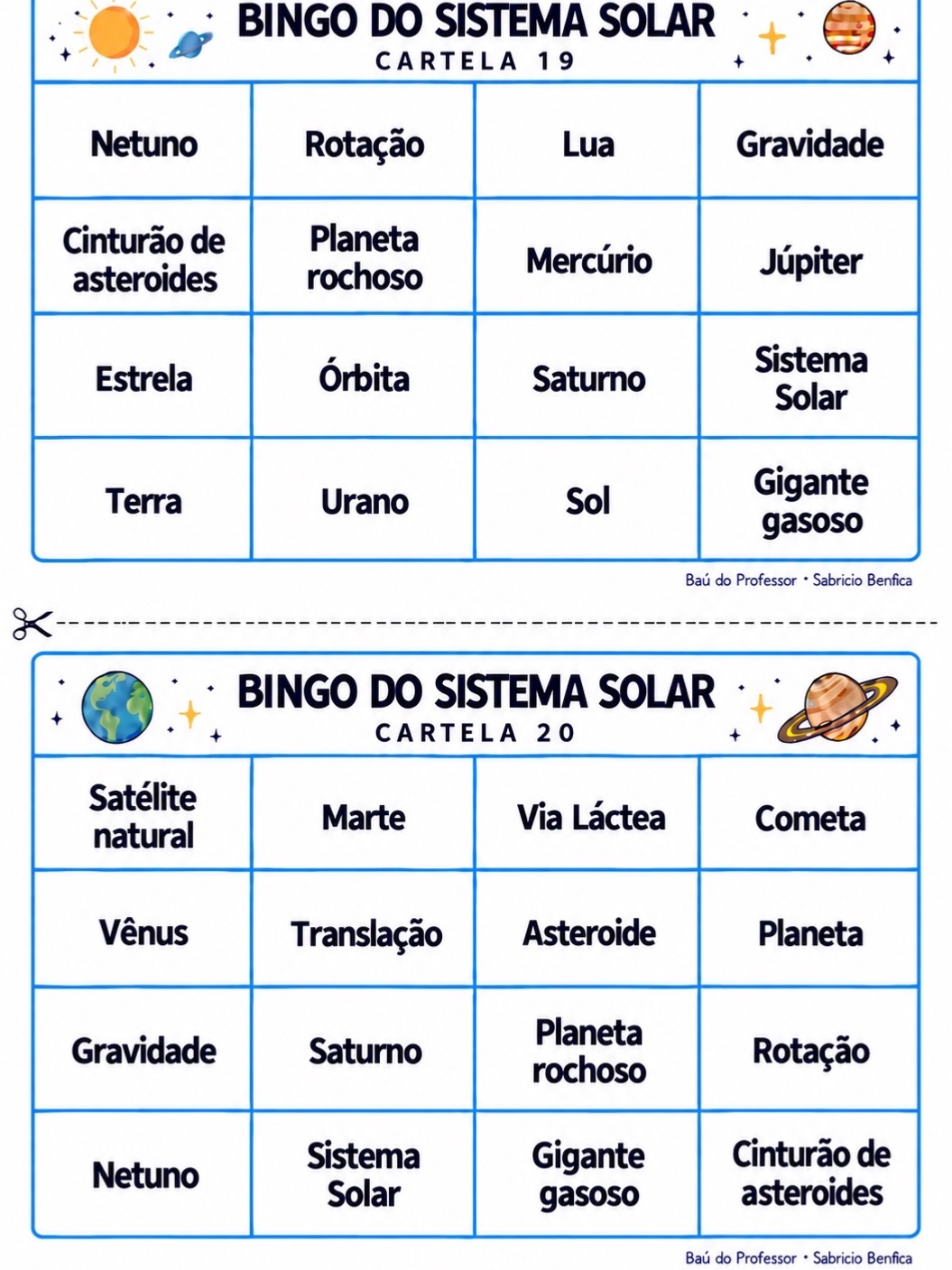 Bingo do Sistema Solar para Imprimir – Jogo de Ciências — amostra 5: Bingo do Sistema Solar em PDF: 20 cartelas, 24 fichas…