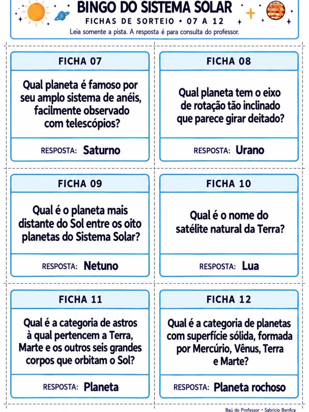 Bingo do Sistema Solar para Imprimir – Jogo de Ciências — amostra 6: Bingo do Sistema Solar em PDF: 20 cartelas, 24 fichas…