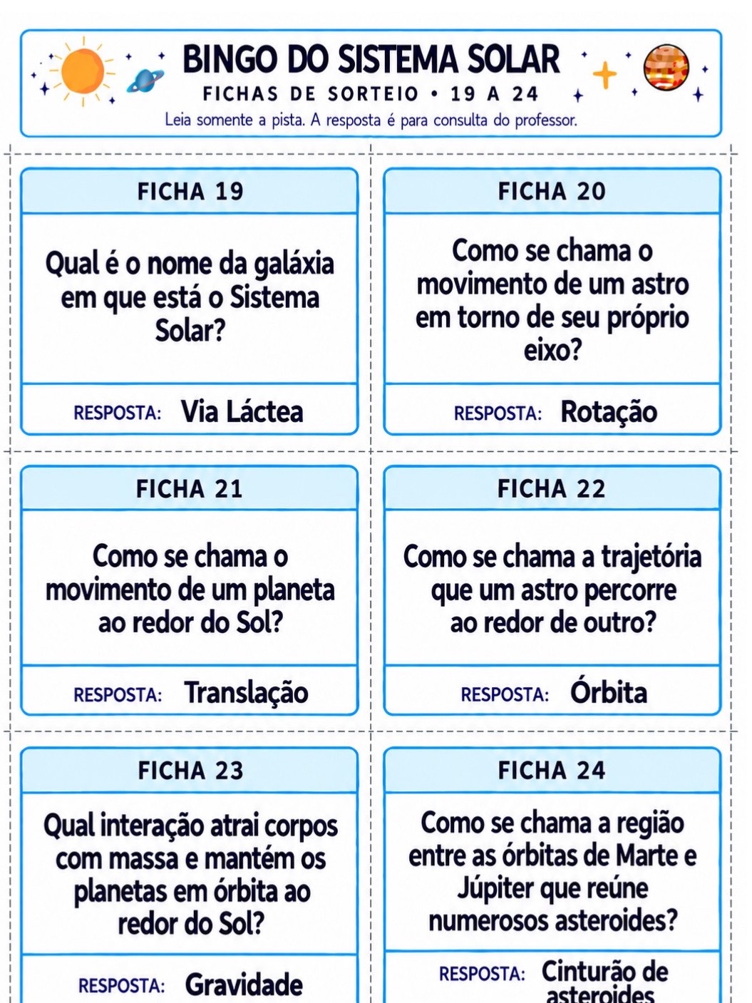 Bingo do Sistema Solar para Imprimir – Jogo de Ciências — amostra 7: Bingo do Sistema Solar em PDF: 20 cartelas, 24 fichas…