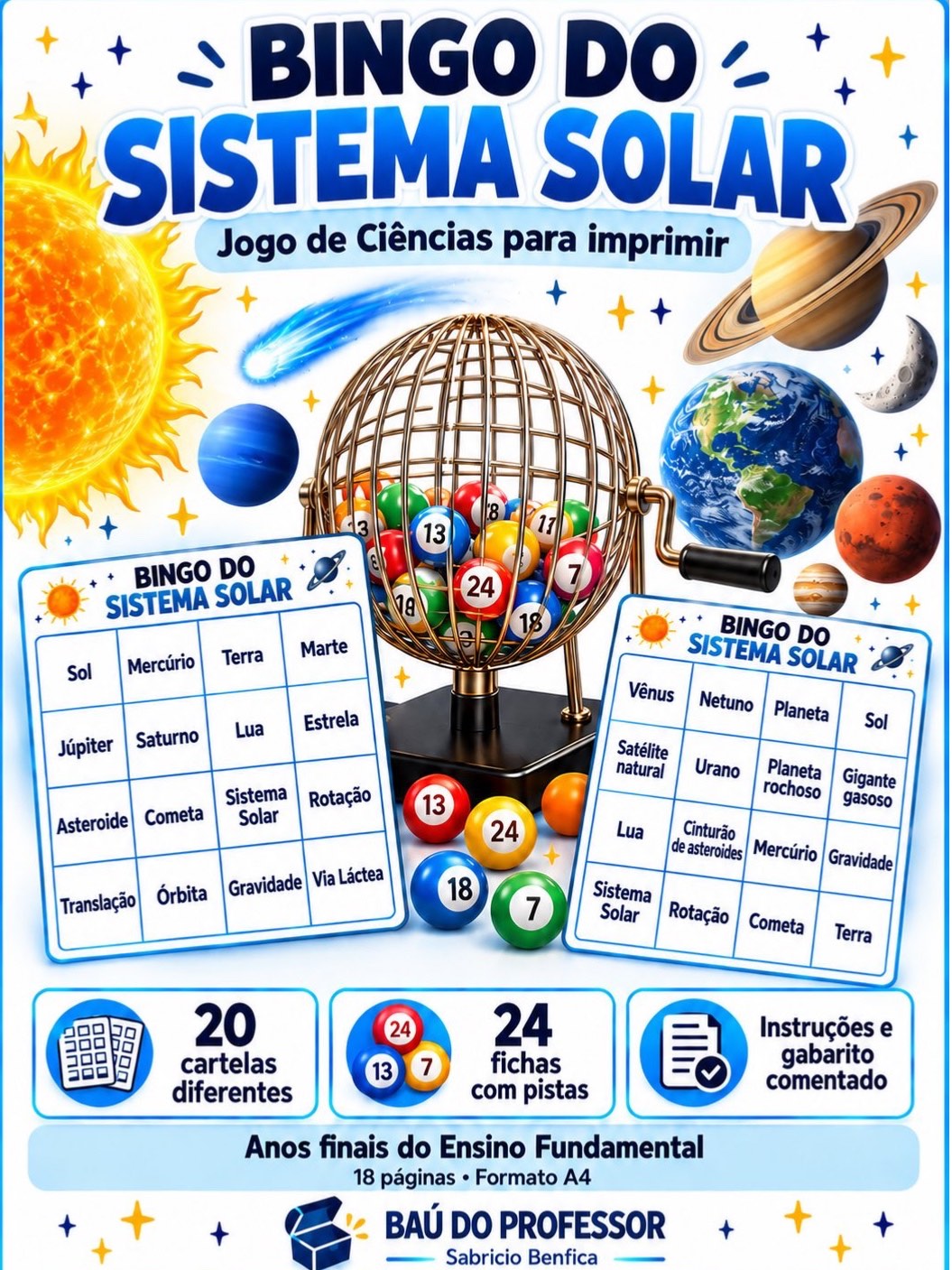 Bingo do Sistema Solar para Imprimir – Jogo de Ciências — Português para Fundamental II (6º–9º): Bingo do Sistema Solar em…