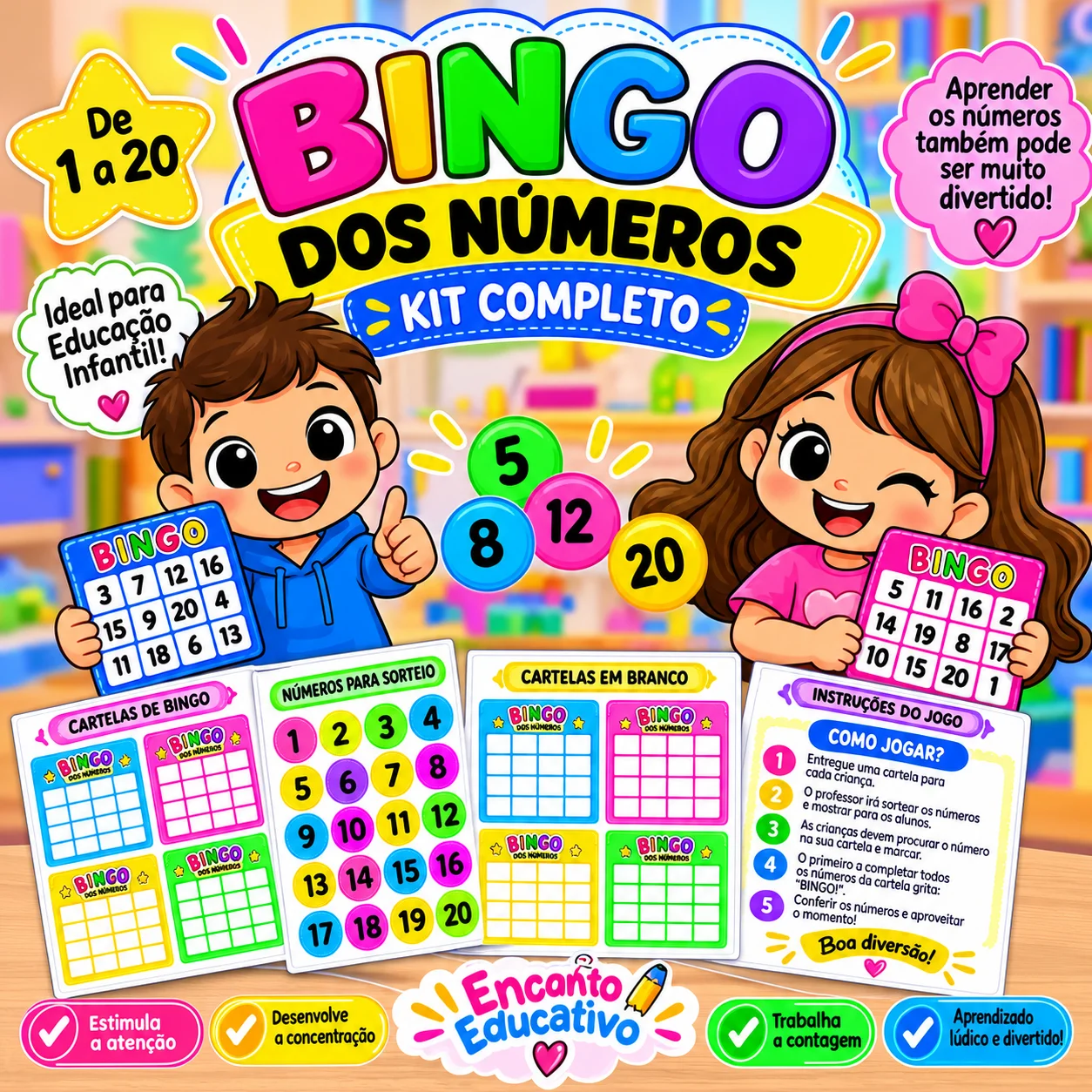 Bingo dos Números de 1 a 20 – Kit para Educação Infantil — Alfabetização para Educação Infantil: Kit Bingo dos Números de 1…