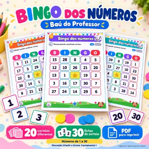 Bingo dos Números de 1 a 30 para Imprimir — 20 Cartelas PDF — capa do material