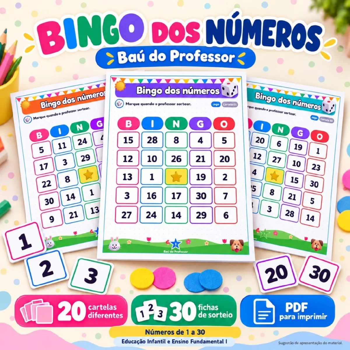 Bingo dos Números de 1 a 30 para Imprimir — 20 Cartelas PDF — Alfabetização para Educação Infantil: Bingo dos Números de 1…