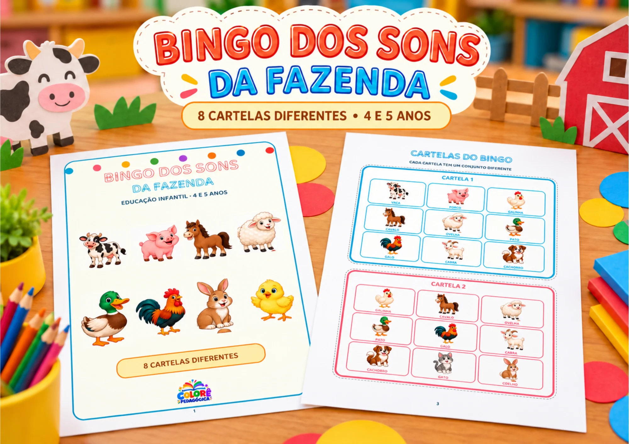 Bingo dos Sons da Fazenda para Educação Infantil — amostra 1: Indicado para 2 a 8 crianças, sem exigir leitura autônoma.…