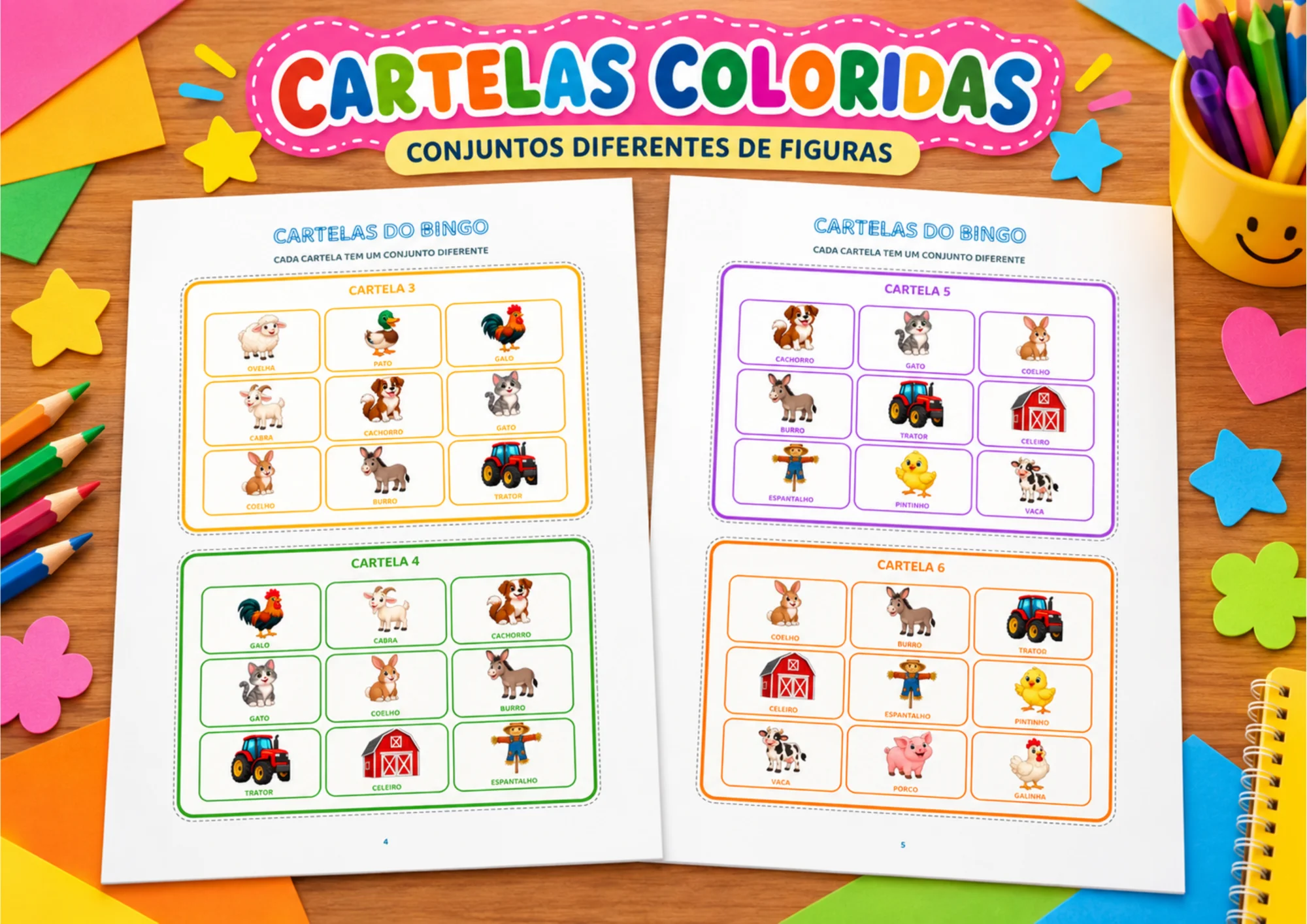 Bingo dos Sons da Fazenda para Educação Infantil — amostra 2: Bingo visual e sonoro em PDF com 8 cartelas diferentes, 16…
