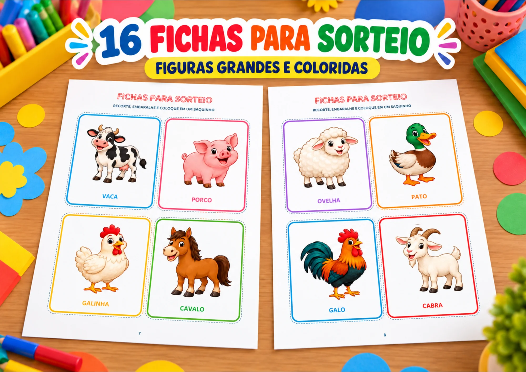 Bingo dos Sons da Fazenda para Educação Infantil — amostra 3: Bingo visual e sonoro em PDF com 8 cartelas diferentes, 16…