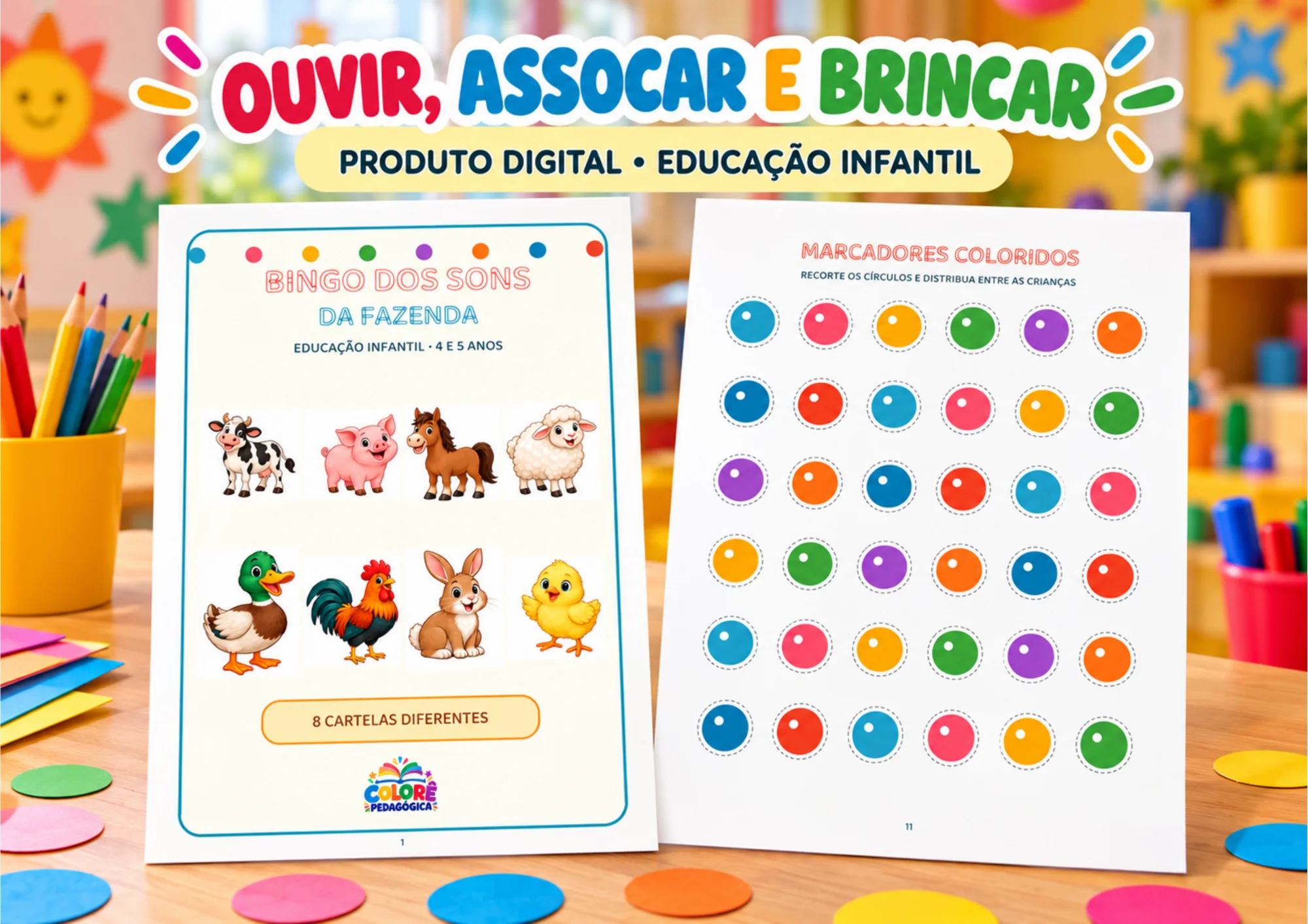 Bingo dos Sons da Fazenda para Educação Infantil — amostra 4: Bingo visual e sonoro em PDF com 8 cartelas diferentes, 16…