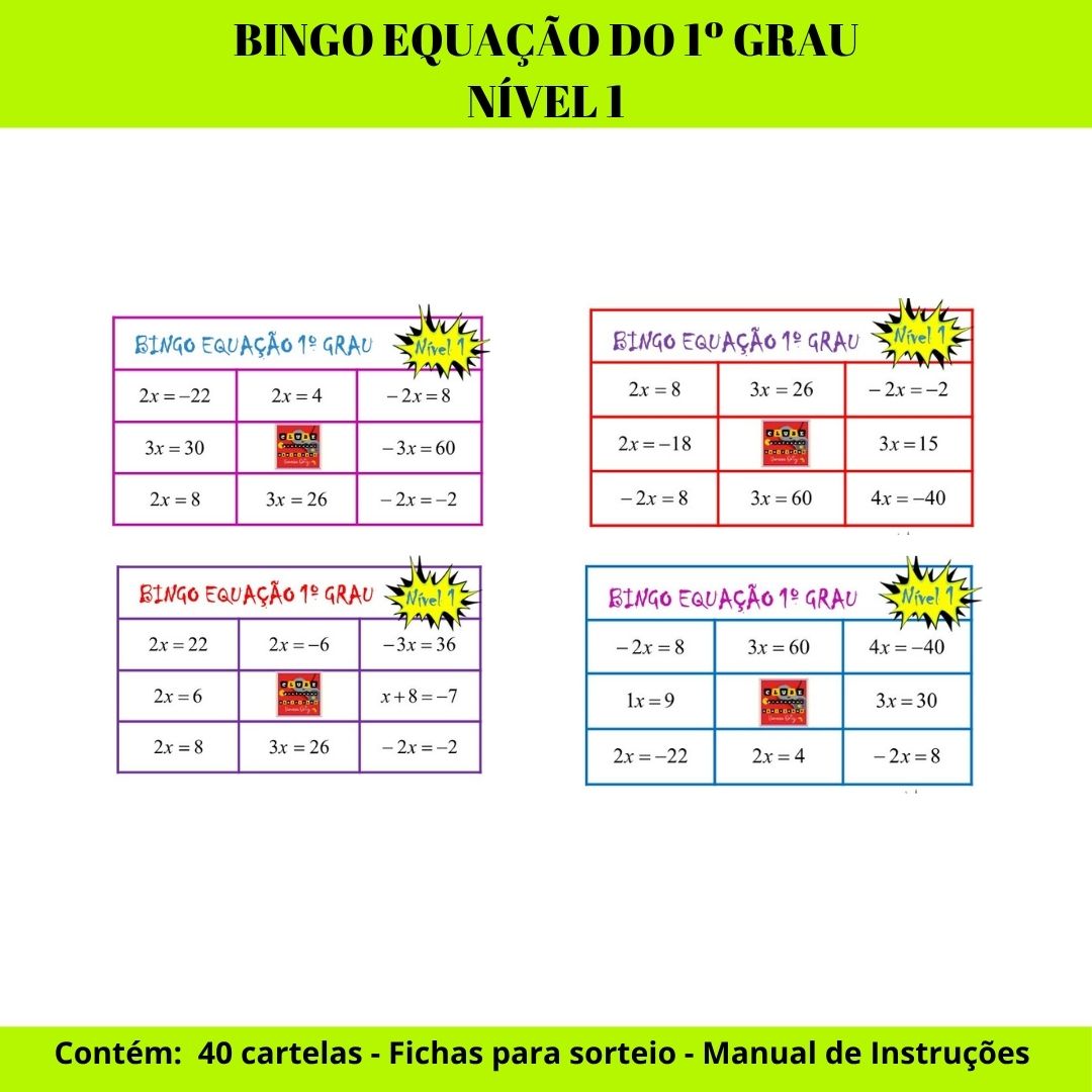 Bingo: equação do 1º grau - nível 1 – PDF para Imprimir — capa do material