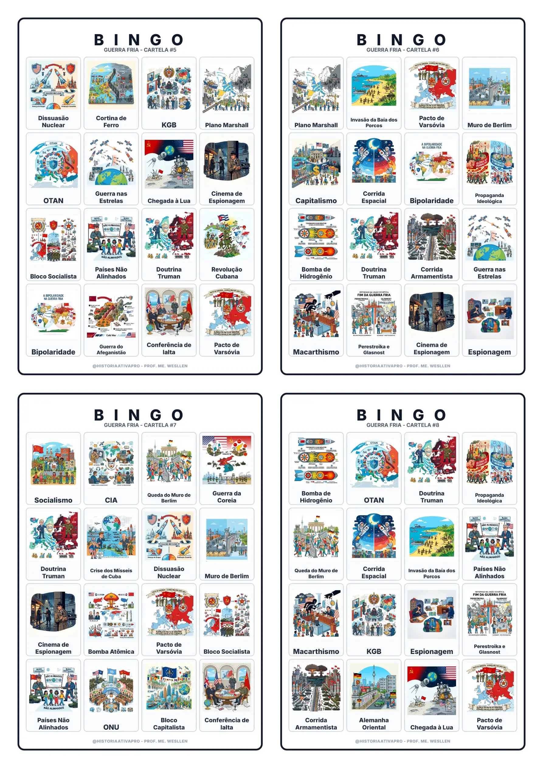 Bingo Guerra Fria: EUA x URSS, Blocos e Corrida Espacial — amostra 4: Bingo com 40 cartelas sobre a Guerra Fria:…