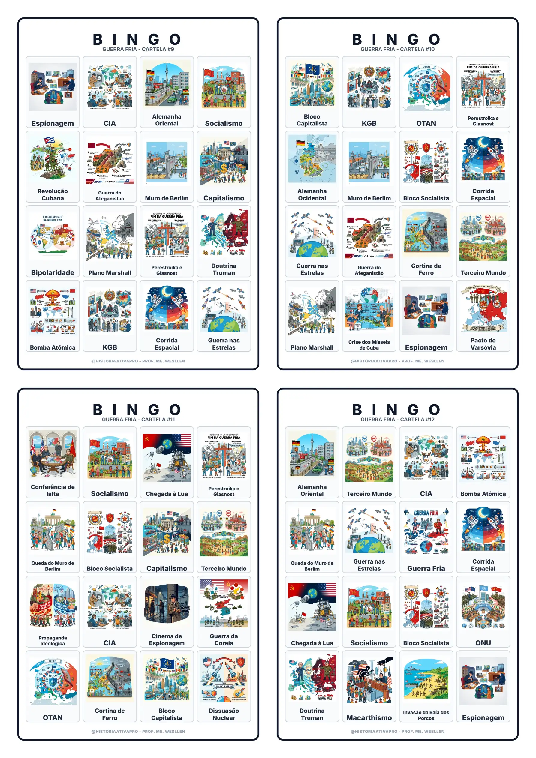 Bingo Guerra Fria: EUA x URSS, Blocos e Corrida Espacial — amostra 5: Bingo com 40 cartelas sobre a Guerra Fria:…