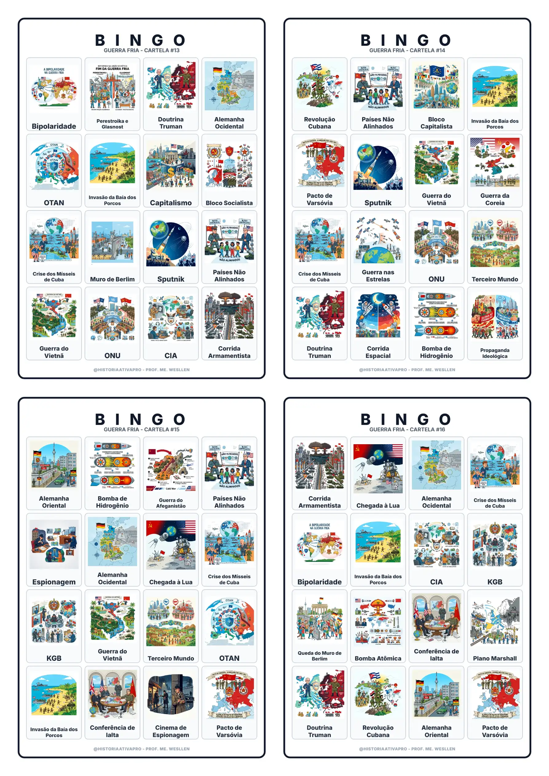 Bingo Guerra Fria: EUA x URSS, Blocos e Corrida Espacial — amostra 6: Bingo com 40 cartelas sobre a Guerra Fria:…