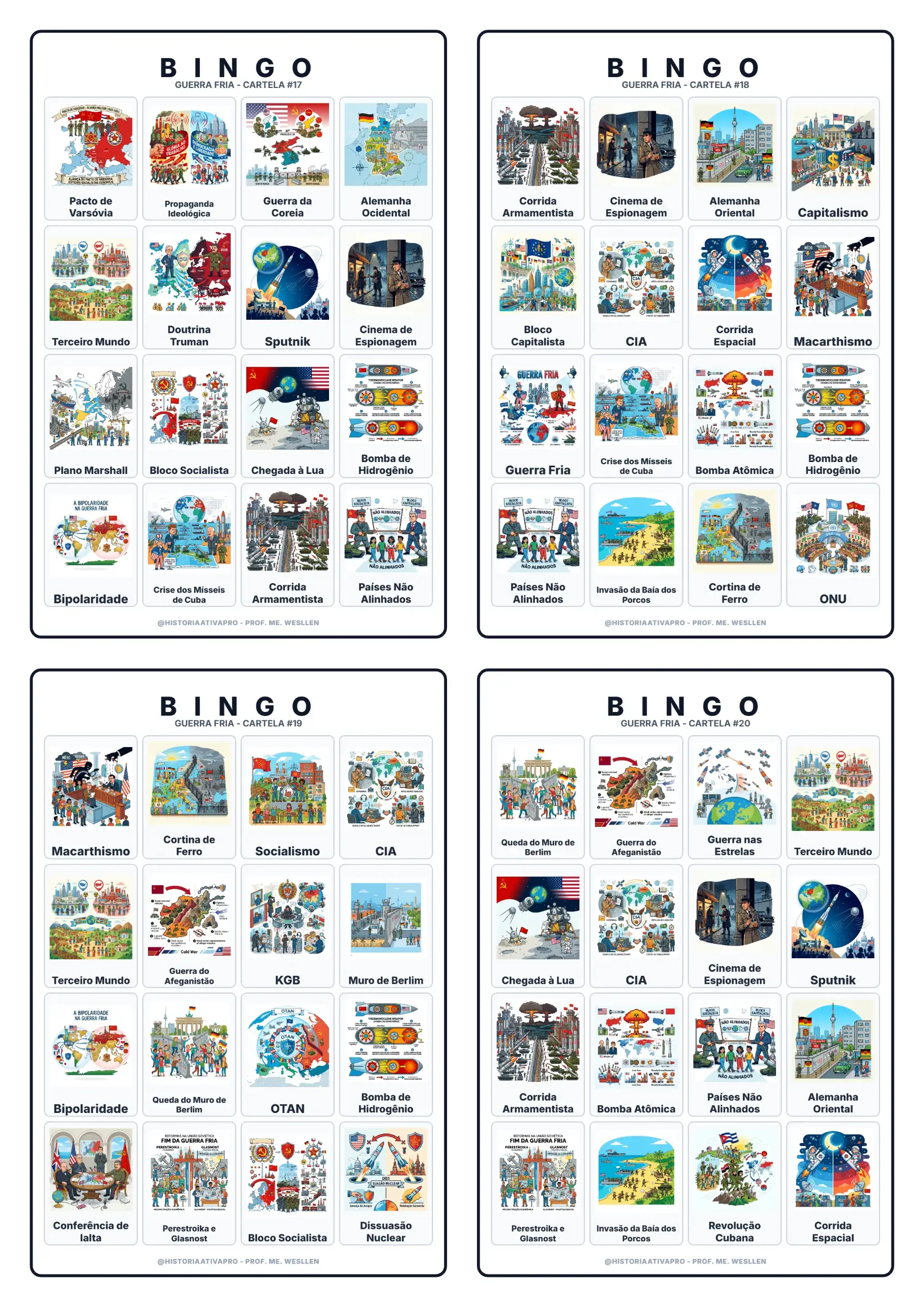 Bingo Guerra Fria: EUA x URSS, Blocos e Corrida Espacial — amostra 7: Bingo com 40 cartelas sobre a Guerra Fria:…