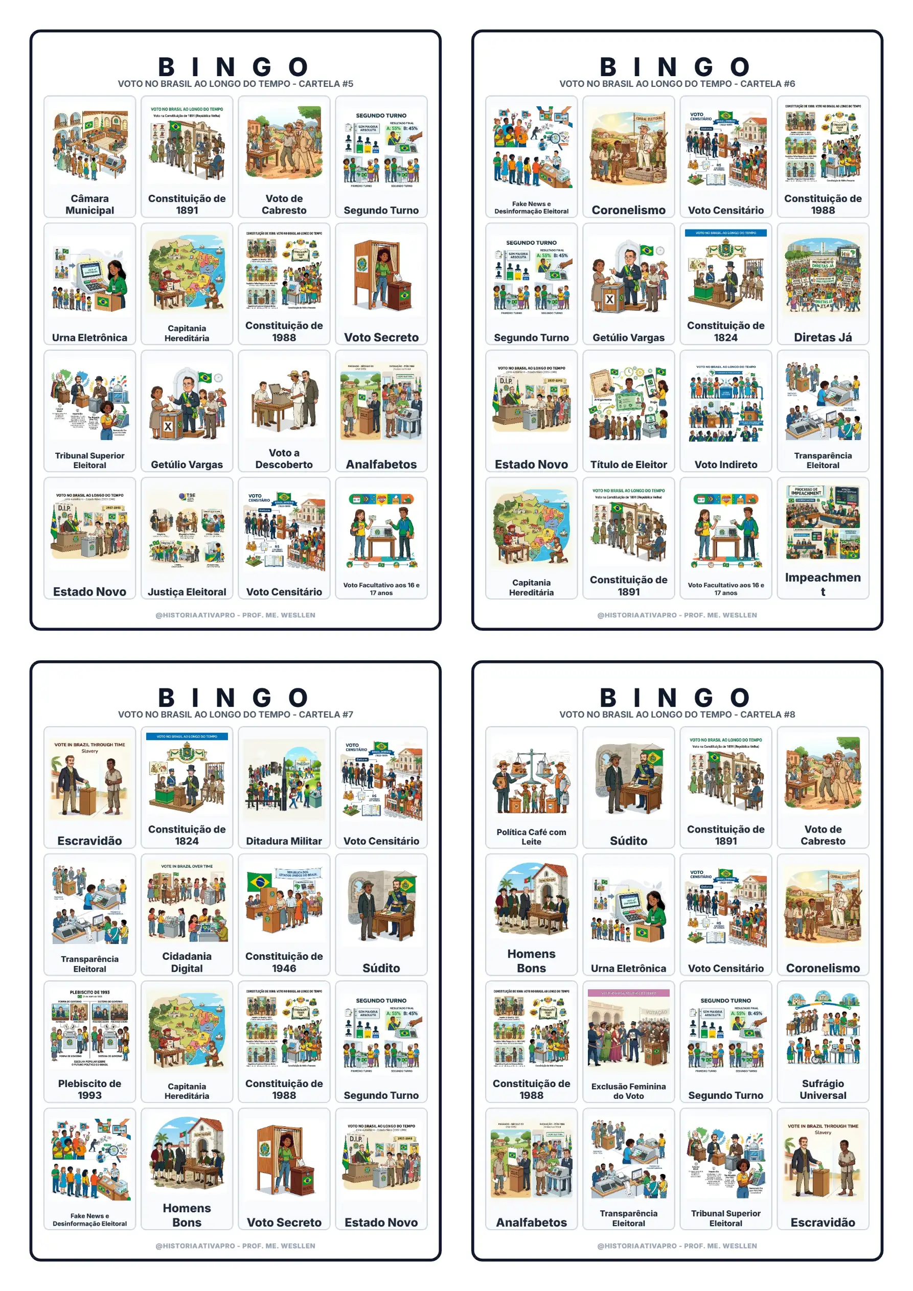 Bingo Voto no Brasil ao Longo do Tempo: Colônia à Atualidade — amostra 4: Bingo com 40 cartelas sobre a evolução do voto no…