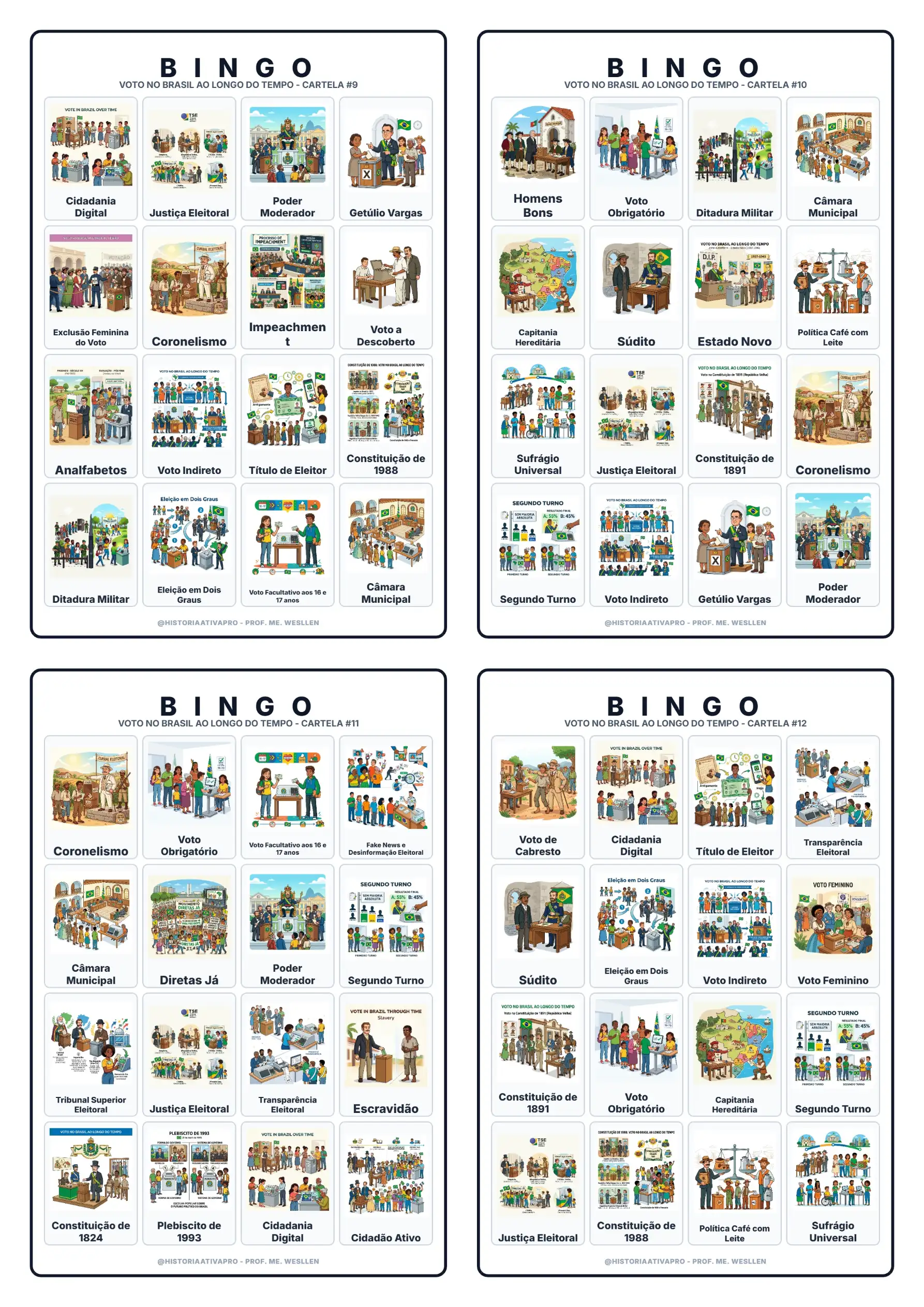 Bingo Voto no Brasil ao Longo do Tempo: Colônia à Atualidade — amostra 5: Bingo com 40 cartelas sobre a evolução do voto no…