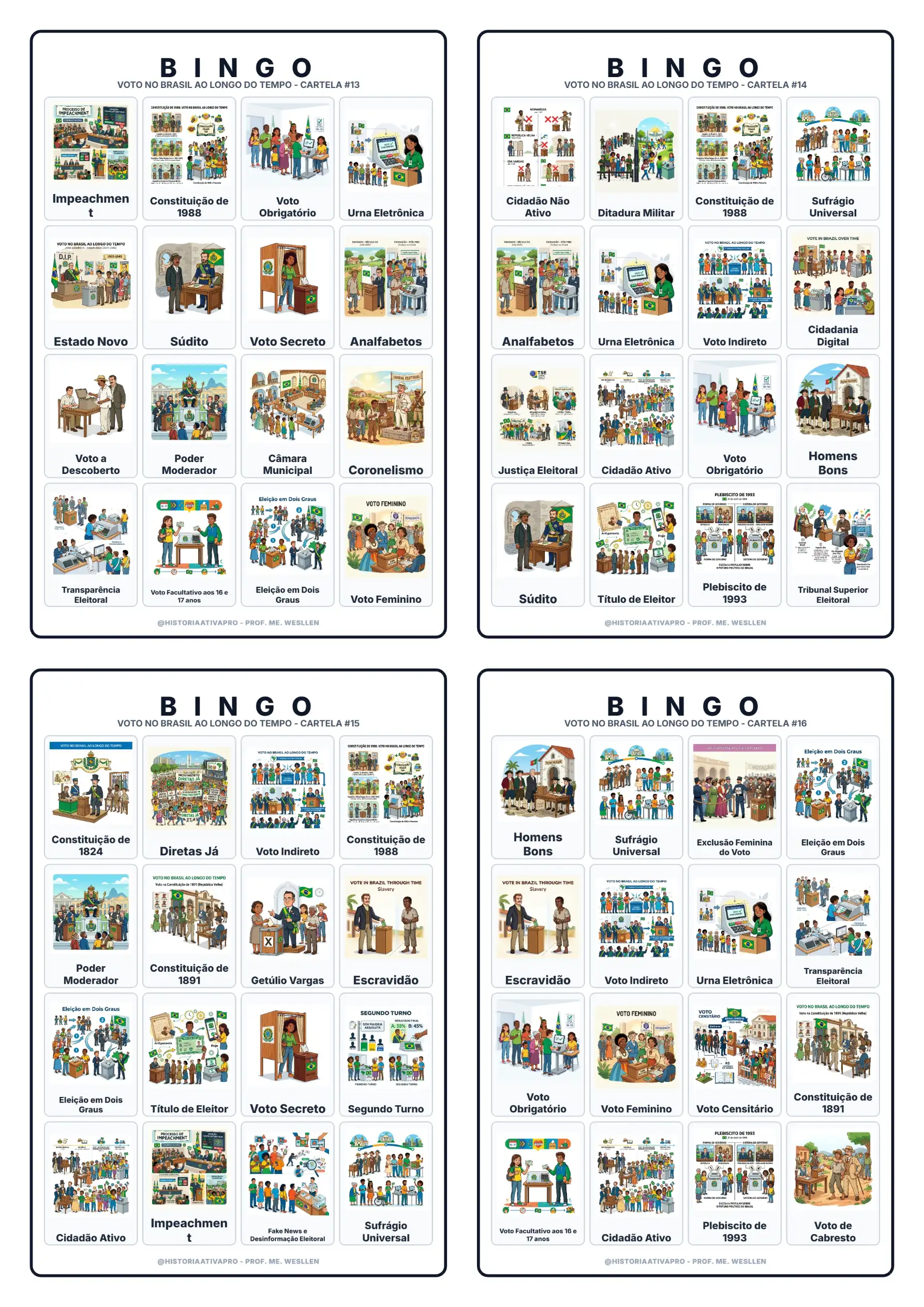 Bingo Voto no Brasil ao Longo do Tempo: Colônia à Atualidade — amostra 6: Bingo com 40 cartelas sobre a evolução do voto no…