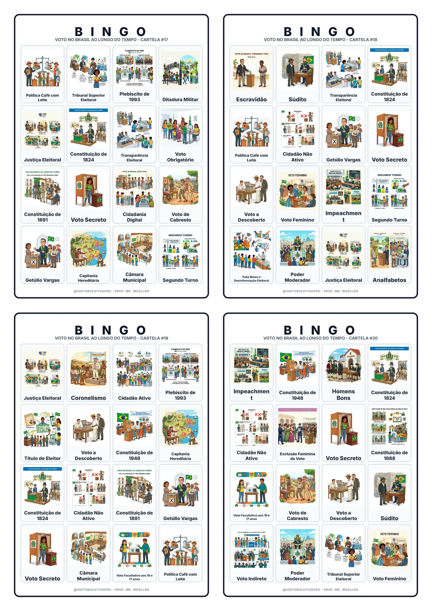 Bingo Voto no Brasil ao Longo do Tempo: Colônia à Atualidade — amostra 7: Bingo com 40 cartelas sobre a evolução do voto no…