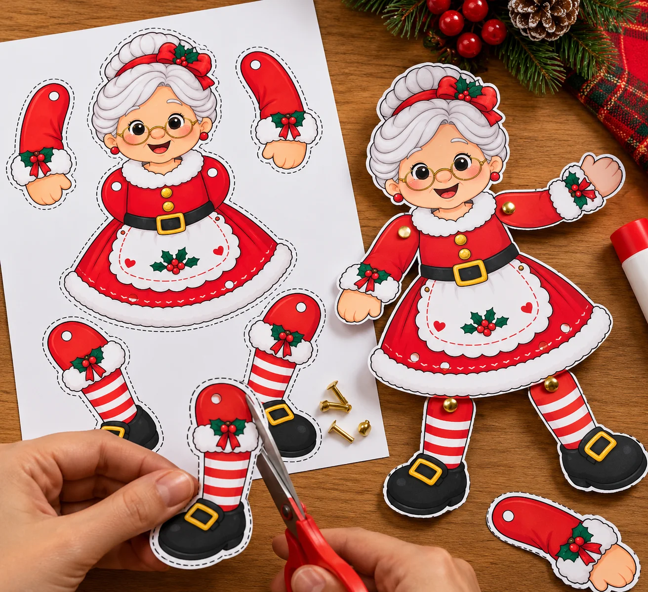Boneco Natalino Mamãe Noel Articulada para Montar — amostra 1: Boneco Natalino Mamãe Noel Articulada – Molde para Imprimir…