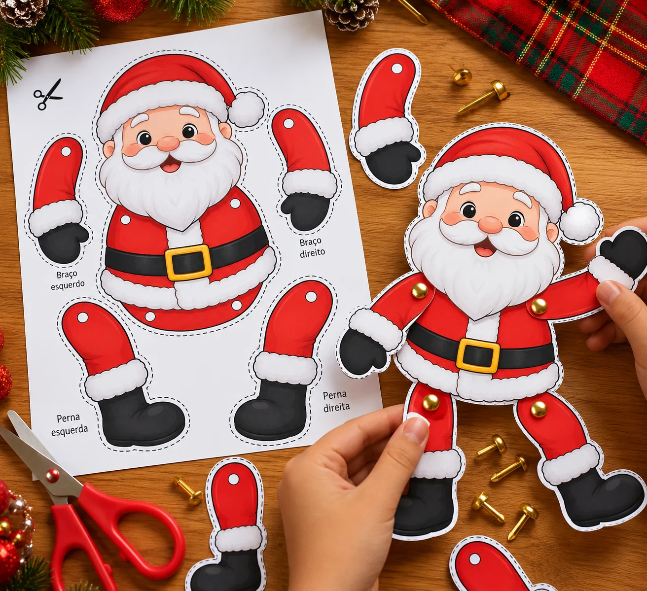 Boneco Papai Noel Articulado para Imprimir e Montar — amostra 1: Boneco Papai Noel Articulado – Atividade de Natal para…