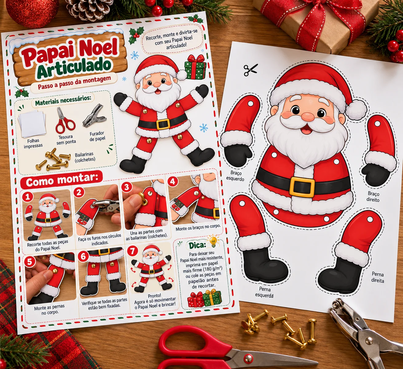 Boneco Papai Noel Articulado para Imprimir e Montar — amostra 2: O que está incluído no arquivo PDF?