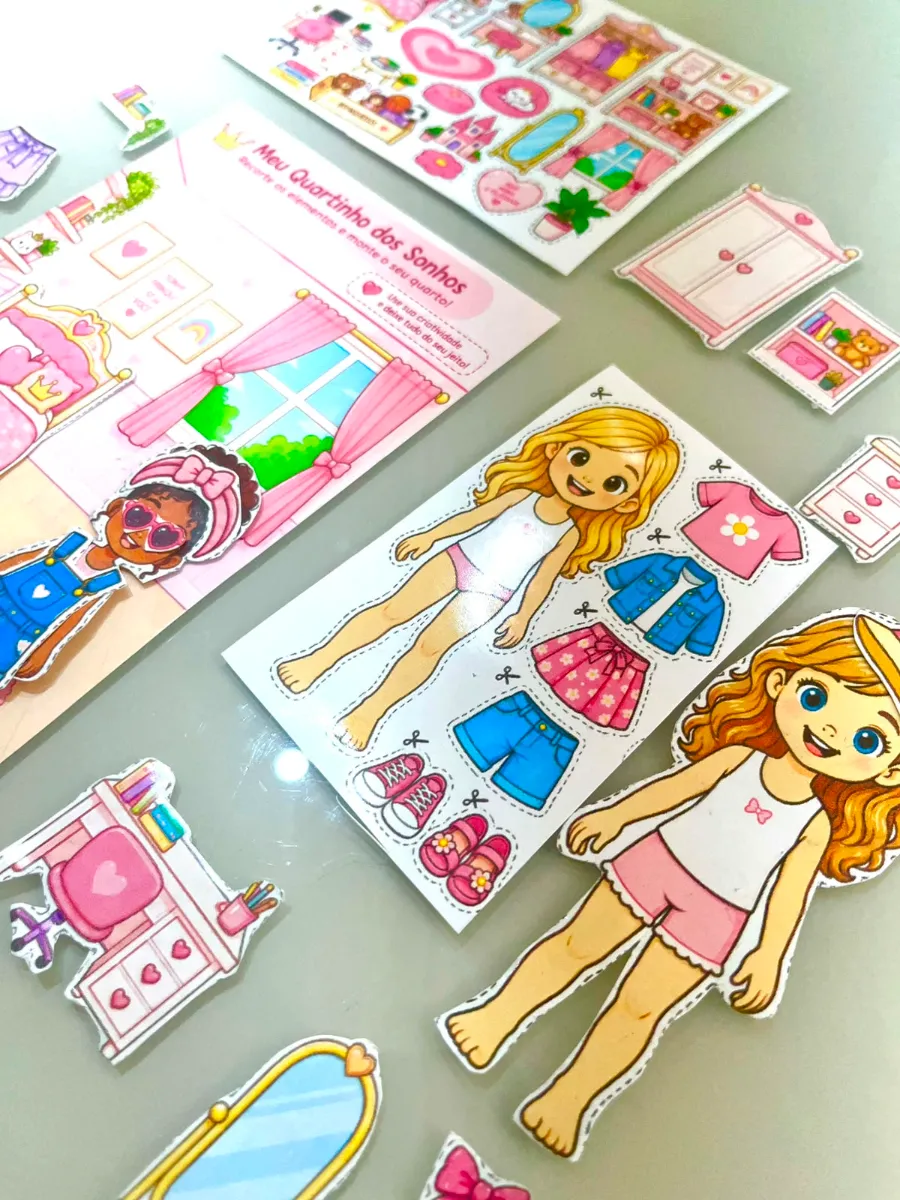 Bonecos de Papel - Guarda roupa Interativo Dia das Crianças — amostra 4: Uma coleção lúdica de bonecos de papel e elementos…