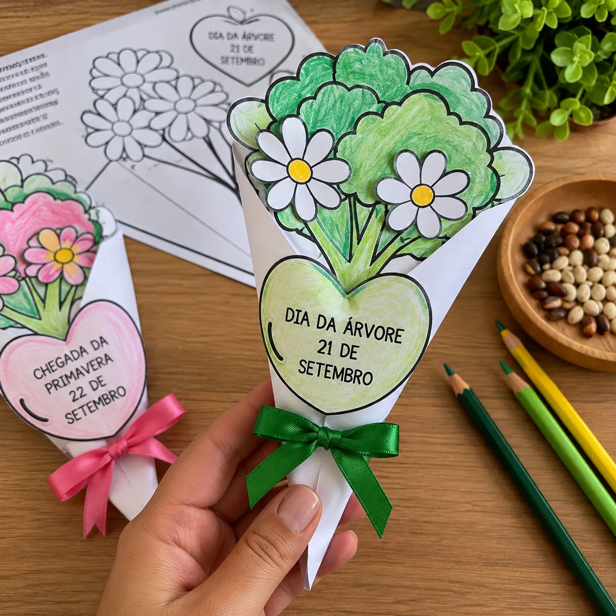 Buquê Chegada da Primavera e Dia da Árvore — amostra 1: 📄 folha A4 🎨 2 modelos de buquês (árvore e flor) para colorir e…