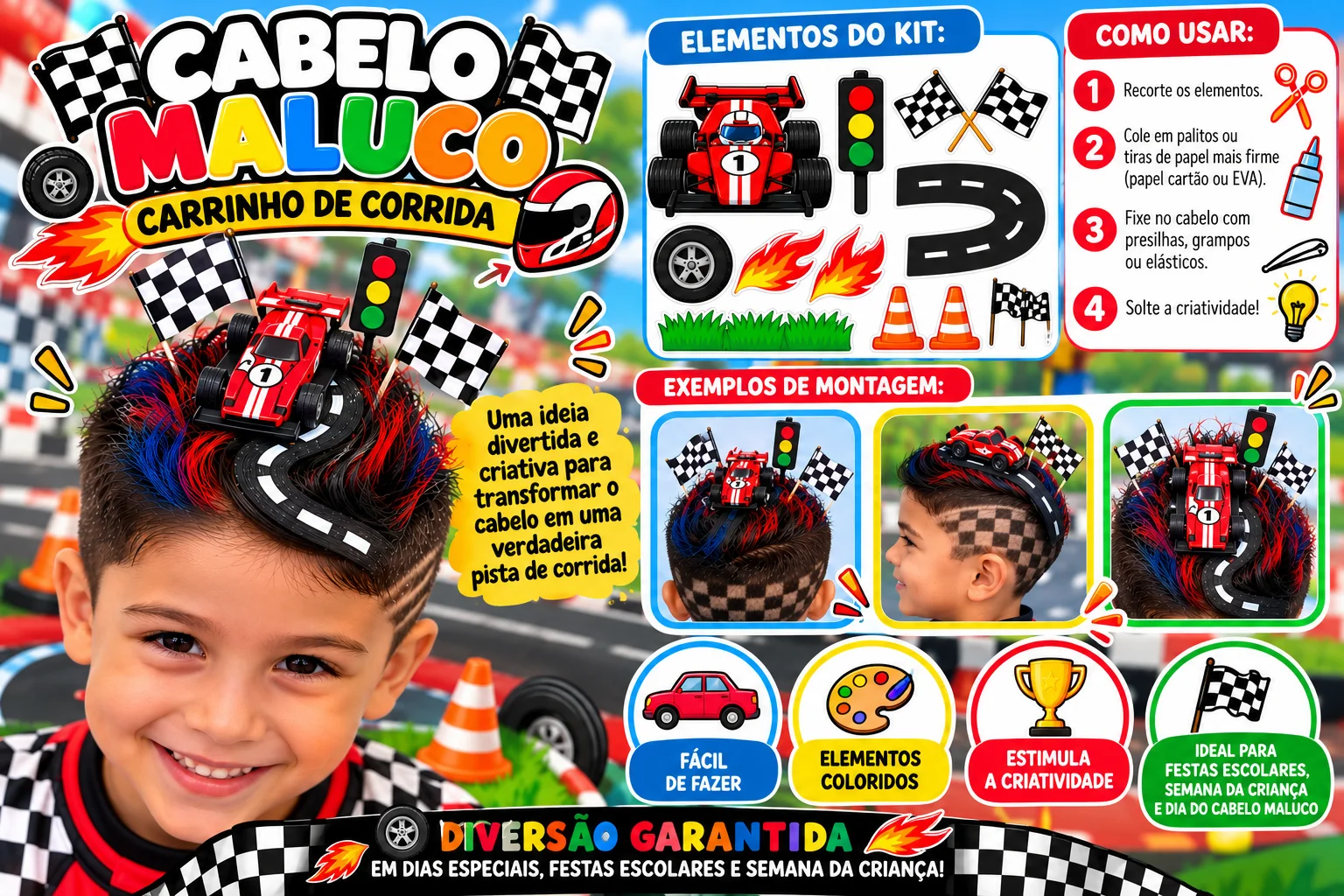Cabelo Maluco Carrinho de Corrida 🏎️ CABELO MALUCO – CARRINHO DE CORRIDA! 🏁 Uma ideia divertida e criativa para…