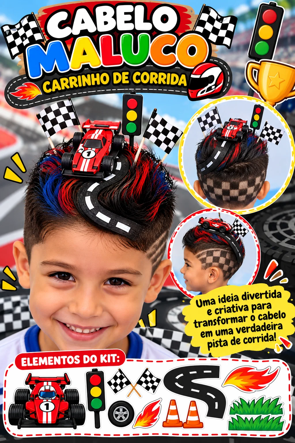 Cabelo Maluco Carrinho de Corrida 🏎️ CABELO MALUCO – CARRINHO DE CORRIDA! 🏁 Uma ideia divertida e criativa para…
