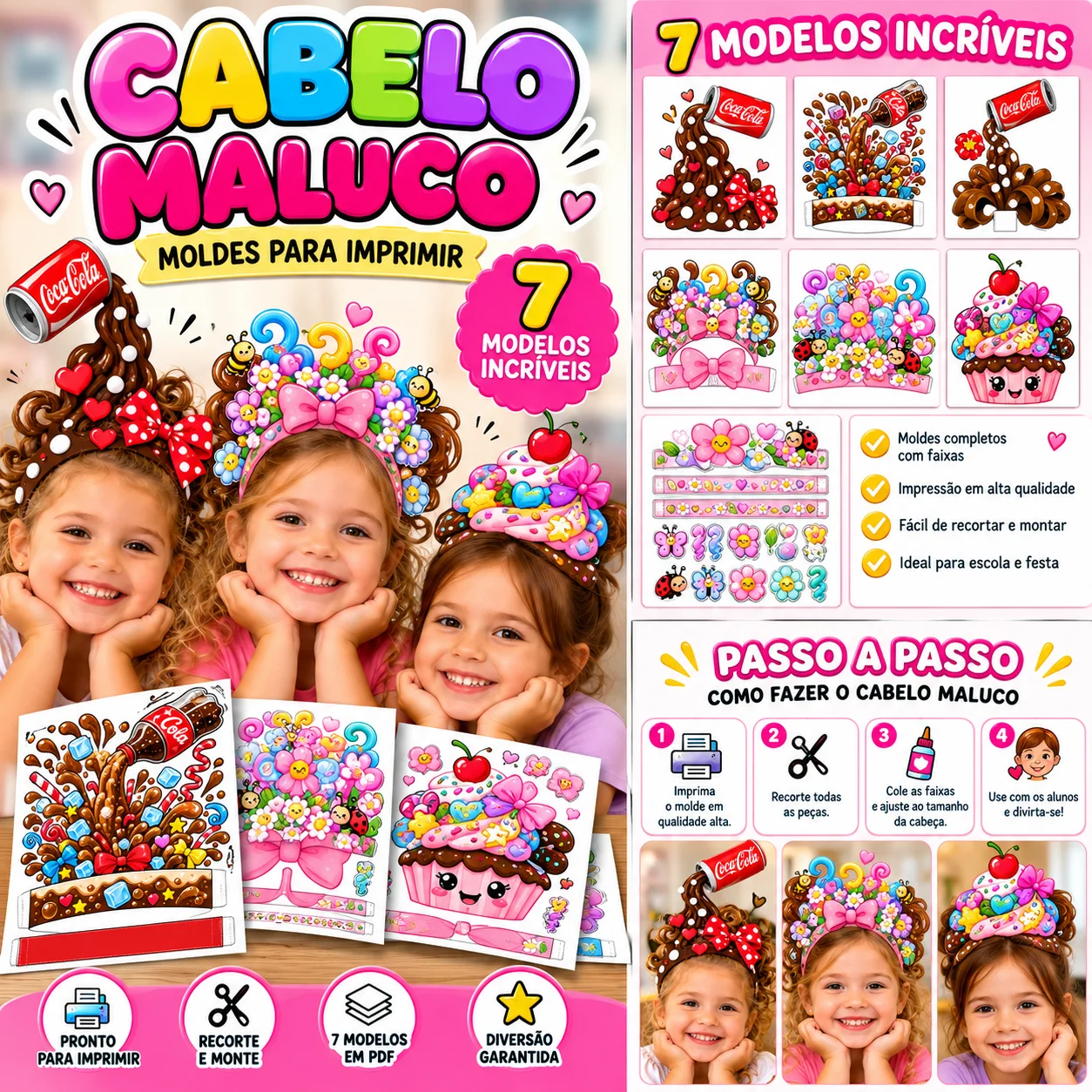 Cabelo Maluco para Imprimir – 7 Moldes Criativos em PDF — amostra 1: Cabelo Maluco para Imprimir – Coleção com 7 Moldes…