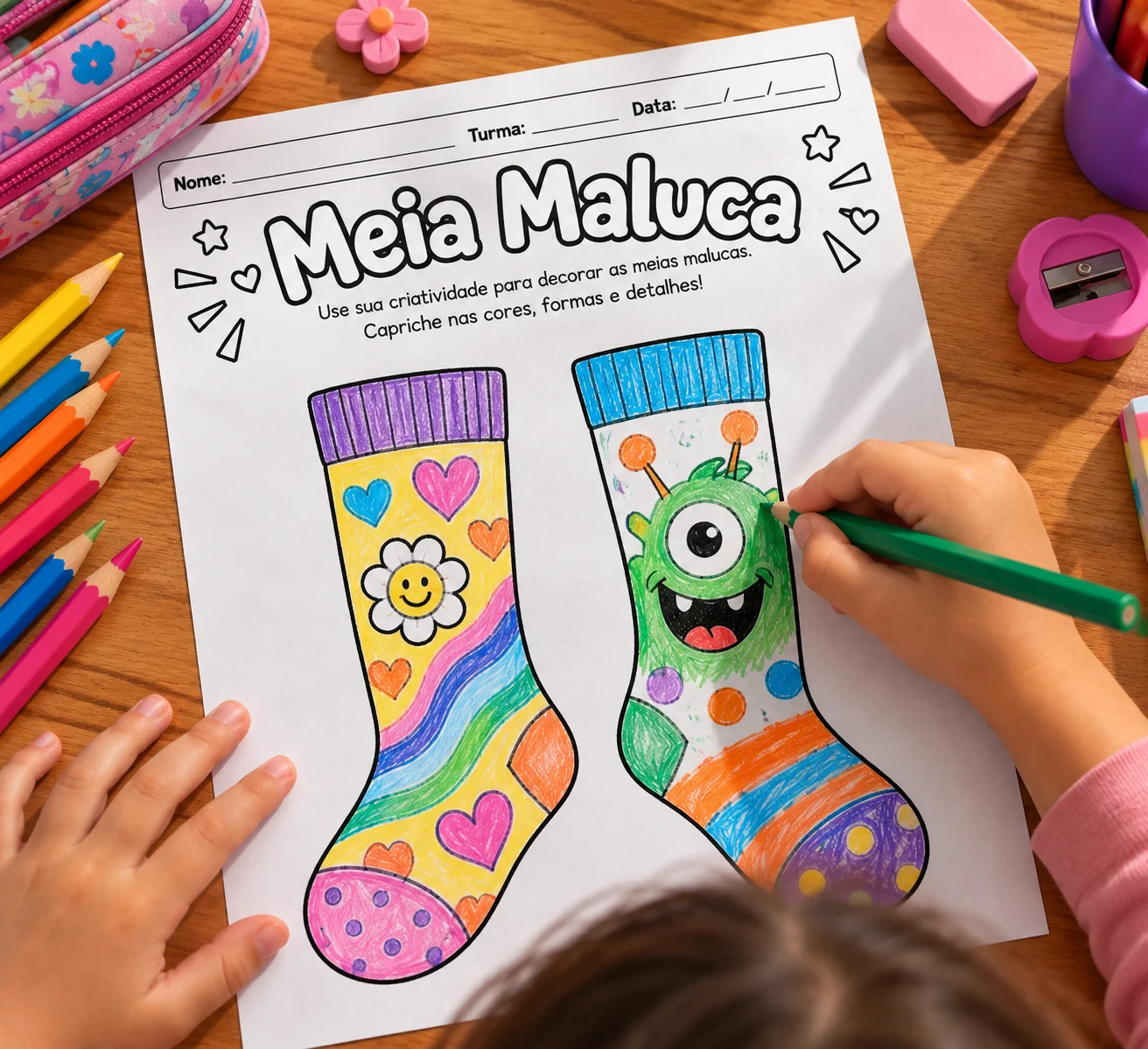 Cabelo, Meia e Mochila Maluca: Dia das Crianças — amostra 3: 2. Meia Maluca Duas meias prontas para a criança decorar…