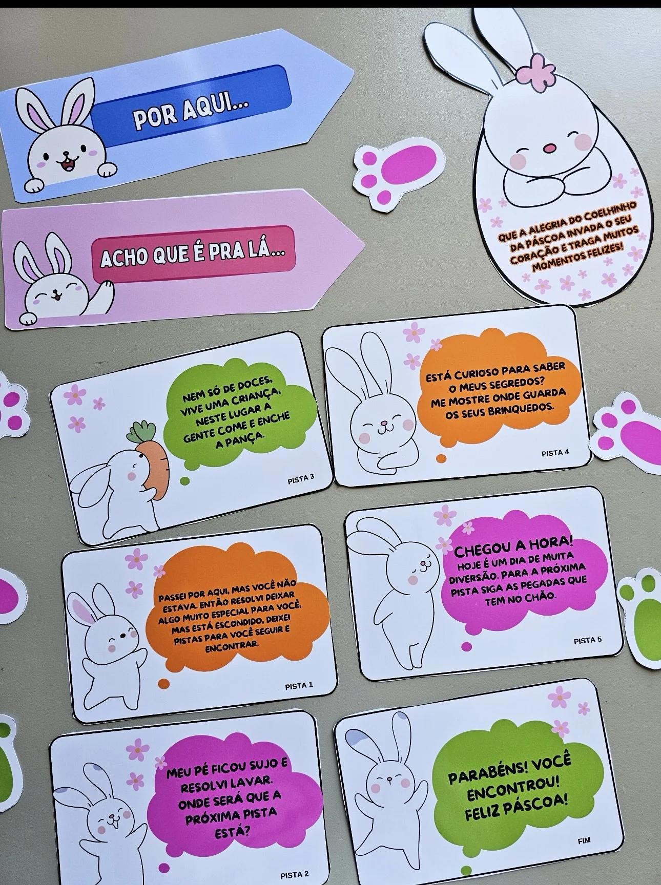 Caça aos ovos — amostra 1: Caça aos ovos com pistas 🐰🥚 Inclui placas, cartões com desafios e pegadas para guiar a criança…