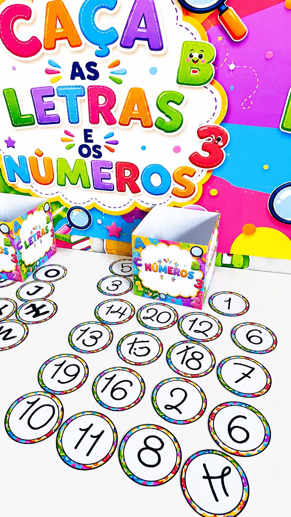 Caça às Letras e Números: Atividade Lúdica Alfabetização — amostra 1: Procure, identifique e classifique letras e números