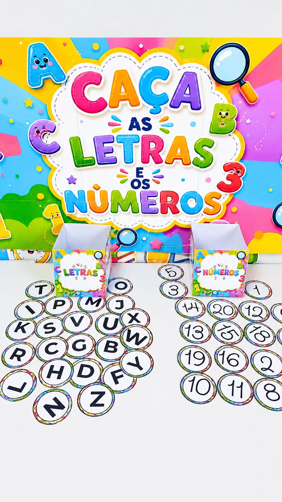 Caça às Letras e Números: Atividade Lúdica Alfabetização — amostra 3: Procure, identifique e classifique letras e números