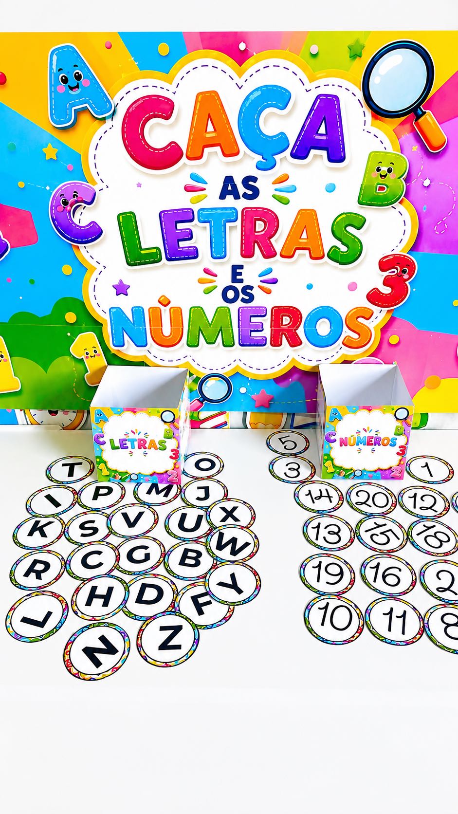 Caça às Letras e Números: Atividade Lúdica Alfabetização — amostra 5: Procure, identifique e classifique letras e números