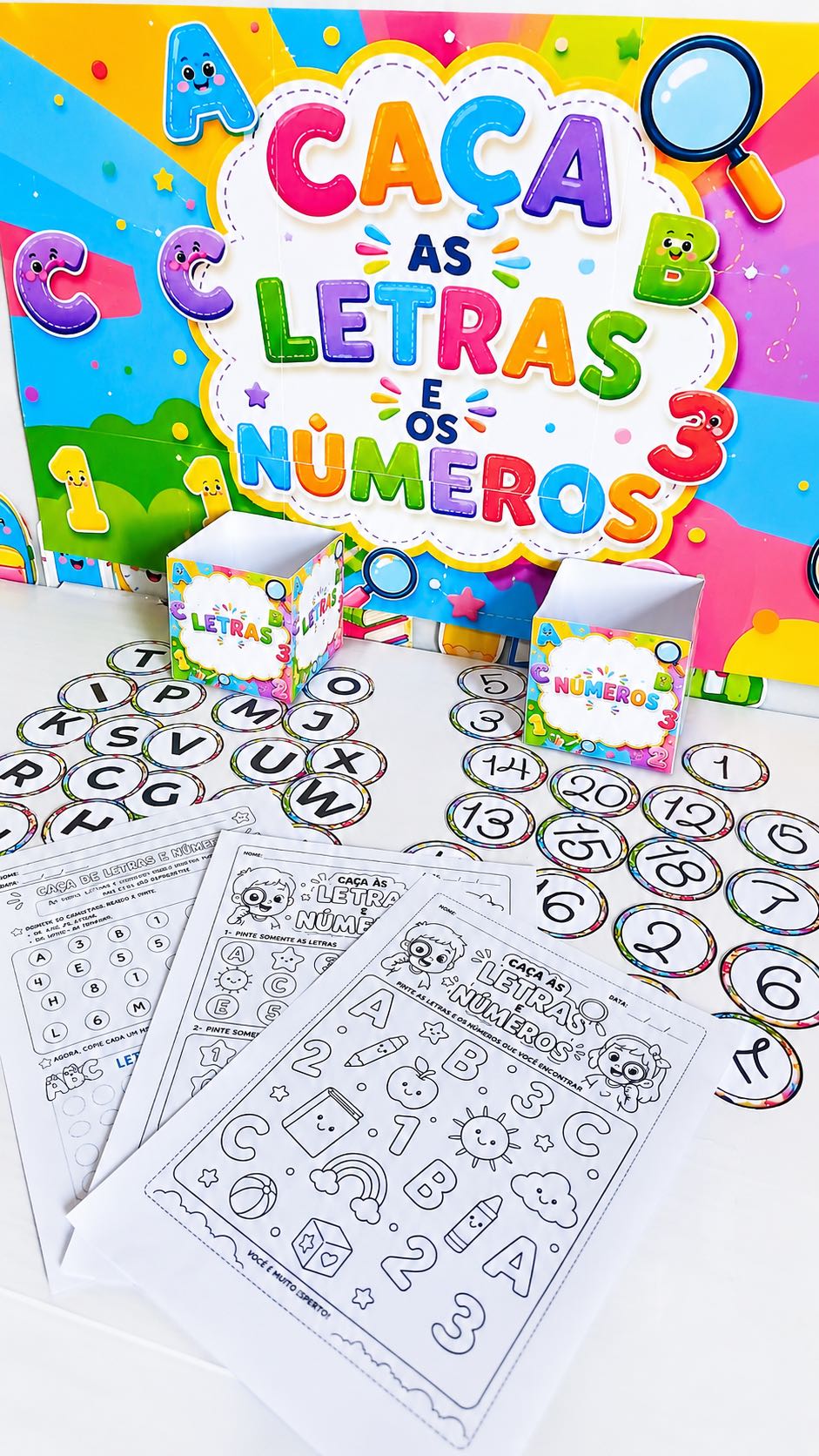 Caça às Letras e Números: Atividade Lúdica Alfabetização — amostra 7: Procure, identifique e classifique letras e números