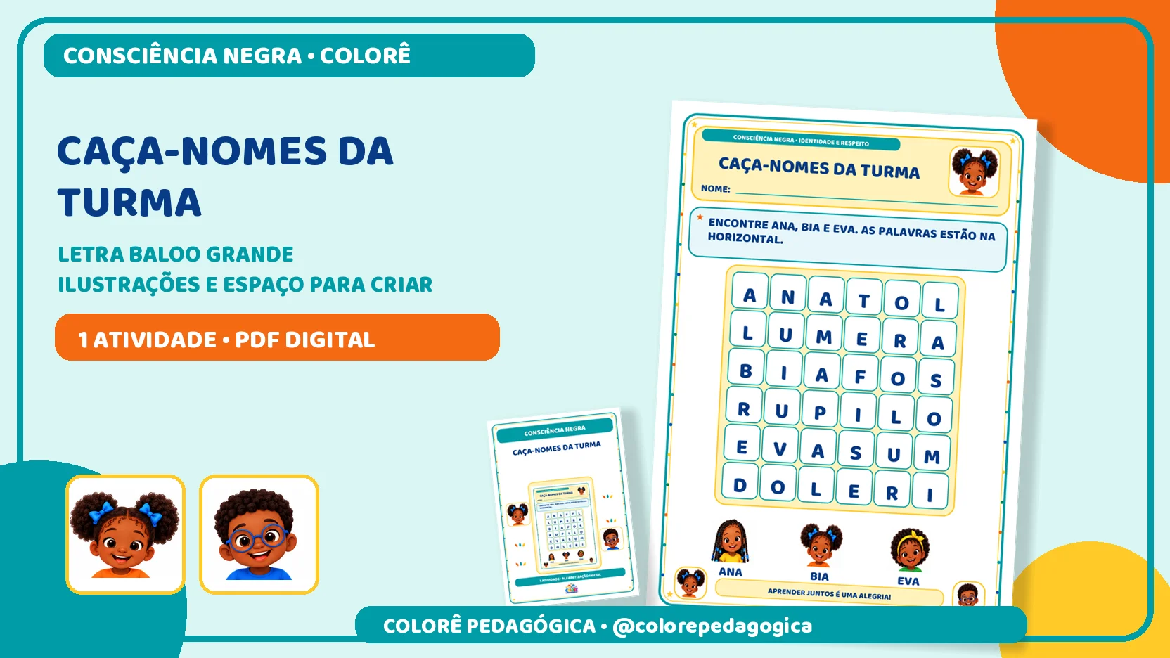 Caça-nomes da turma | Consciência Negra Alfabetização — amostra 2: Caça-nomes com Ana, Bia e Eva na horizontal, com…