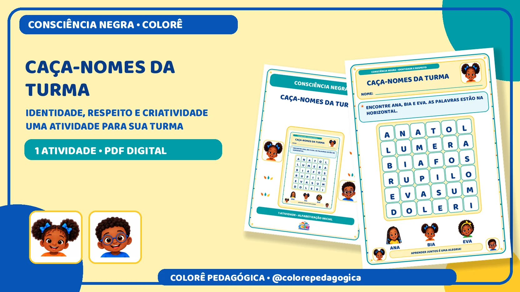 Caça-nomes da turma | Consciência Negra Alfabetização — amostra 3: Caça-nomes com Ana, Bia e Eva na horizontal, com…