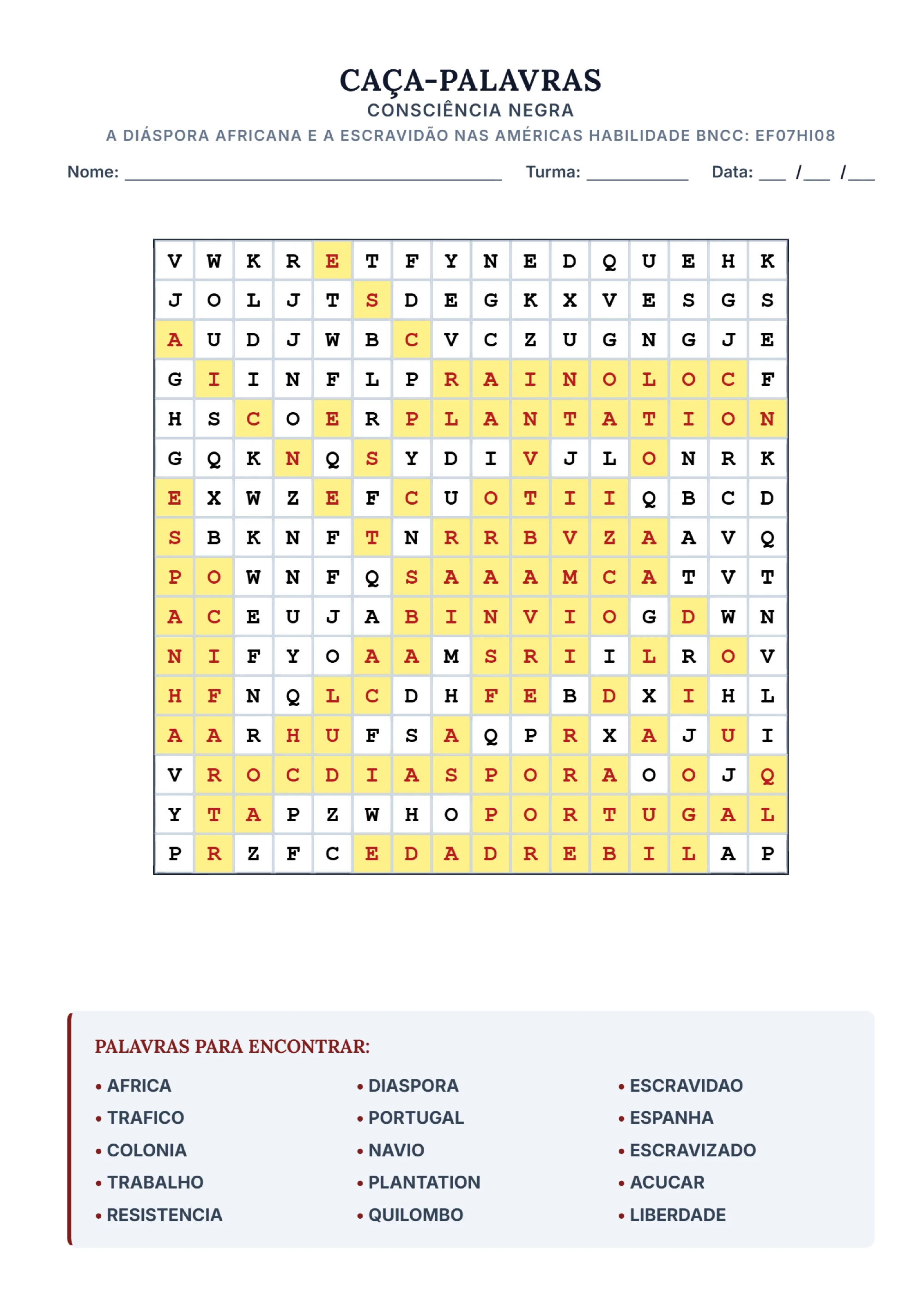 Caça-Palavras Consciência Negra: Diáspora Africana (7º ano) — amostra 1: Caça-palavras sobre a diáspora africana e a…
