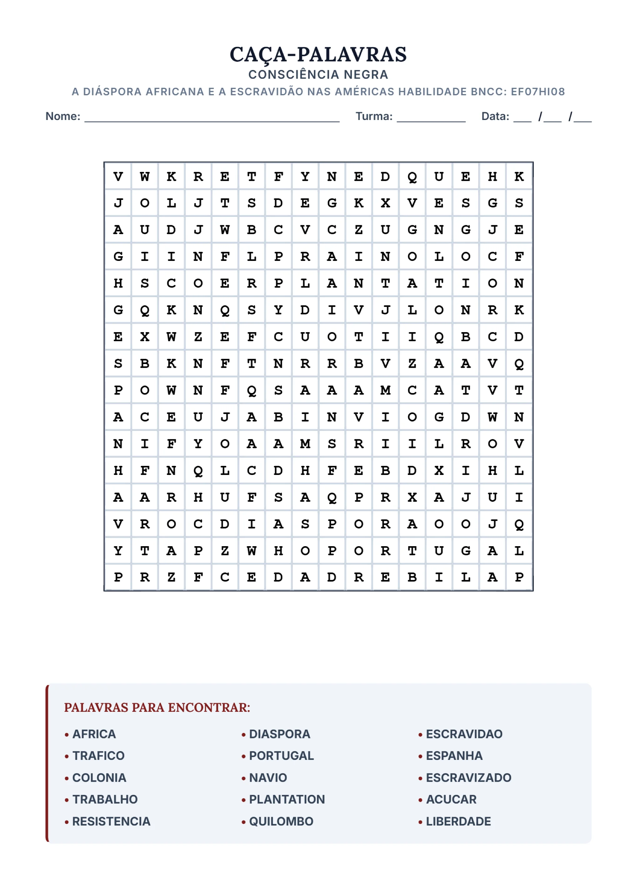 Caça-Palavras Consciência Negra: Diáspora Africana (7º ano) — capa do material