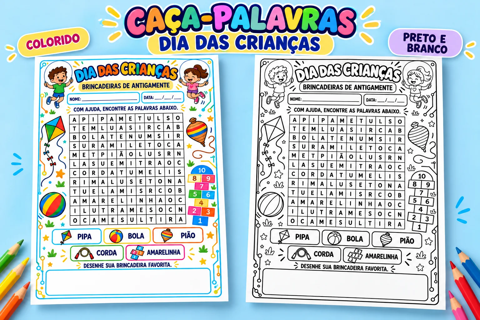 Caça-Palavras Dia das Crianças Brincadeiras Colorido e Preto e Branco — amostra 1: Produto digital em PDF. Nenhum material…