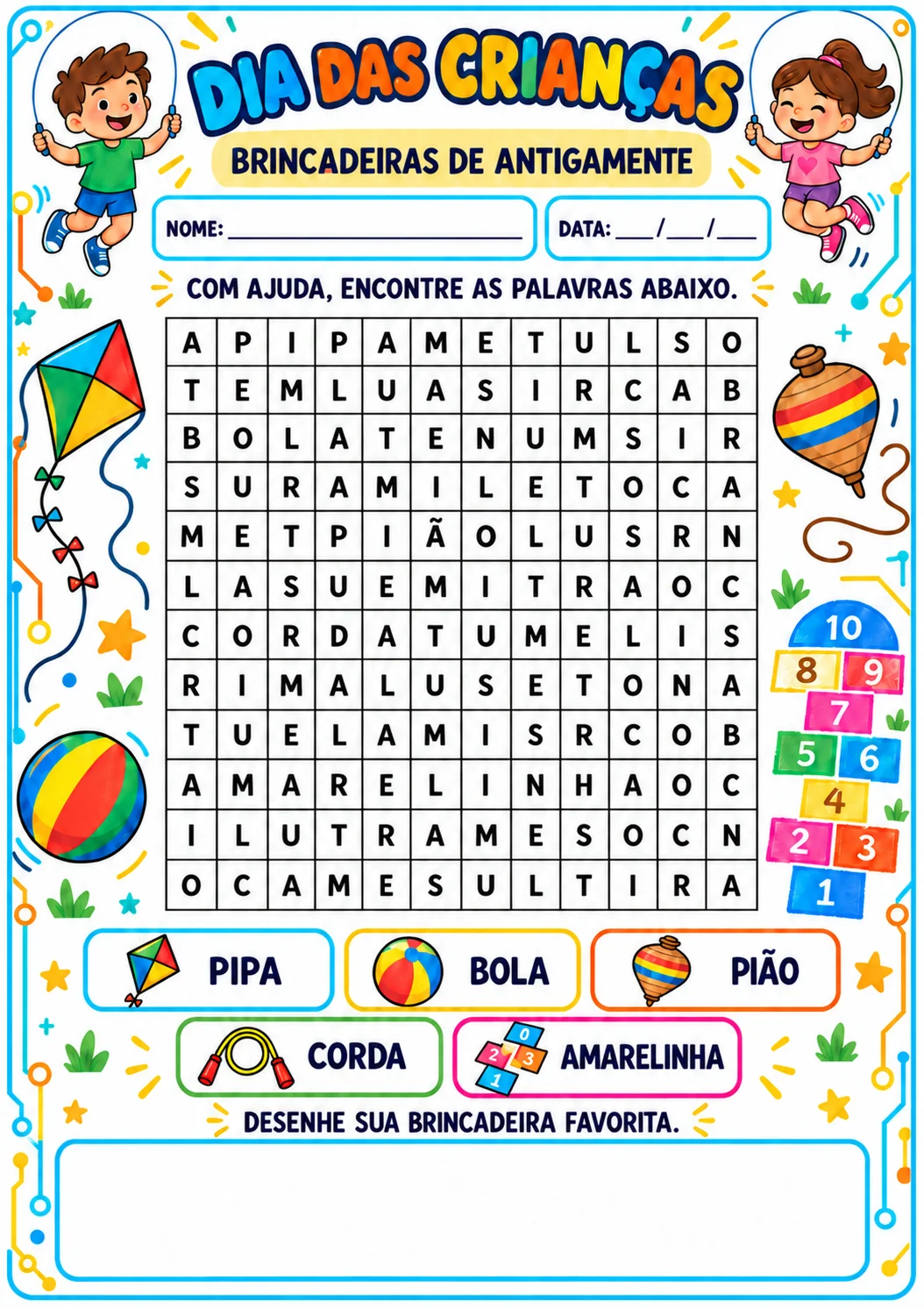 Caça-Palavras Dia das Crianças Brincadeiras Colorido e Preto e Branco — amostra 2: Celebre o Dia das Crianças com um…