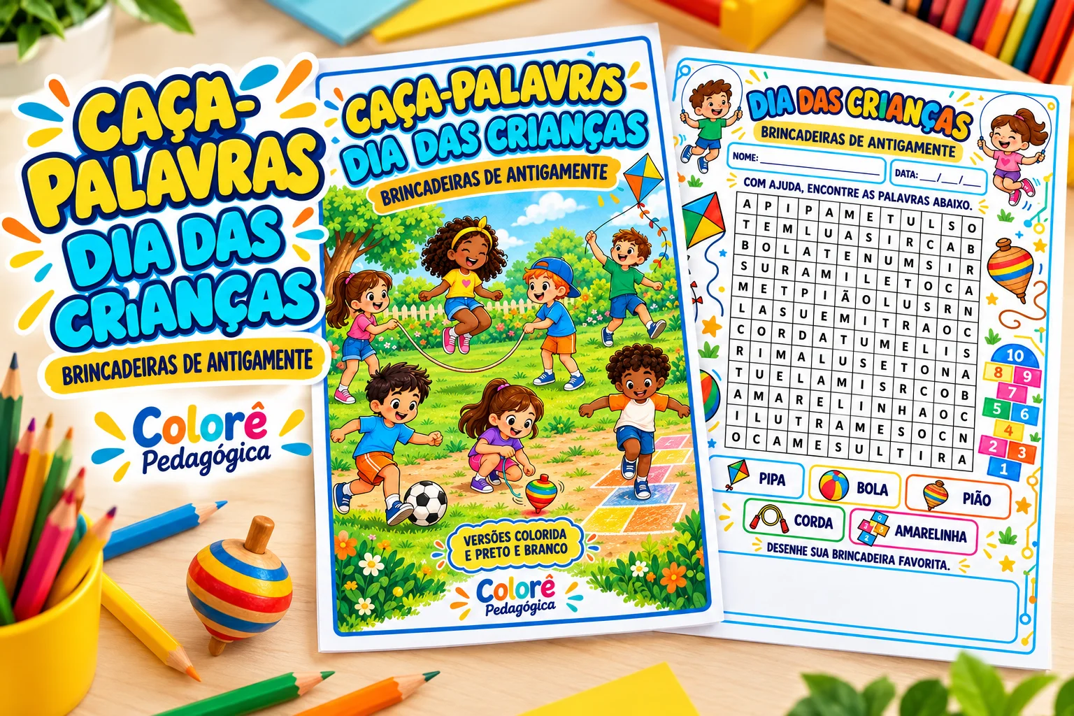 Caça-Palavras Dia das Crianças Brincadeiras Colorido e Preto e Branco — Alfabetização para Educação Infantil: Celebre o Dia…