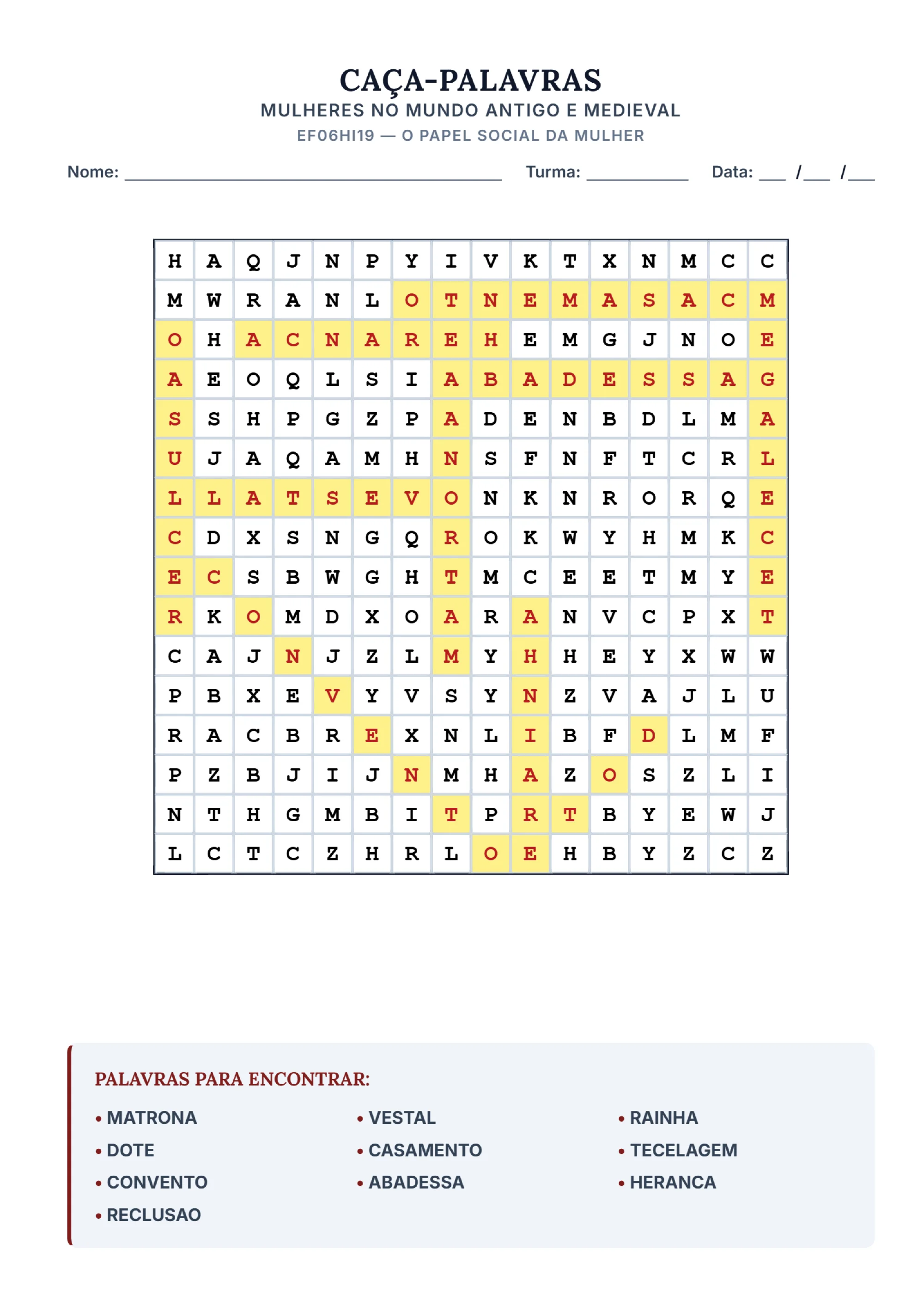 Caça-Palavras Mulheres no Mundo Antigo e Medieval — Jogos pedagógicos para Fundamental II (6º–9º): Caça-palavras sobre o…