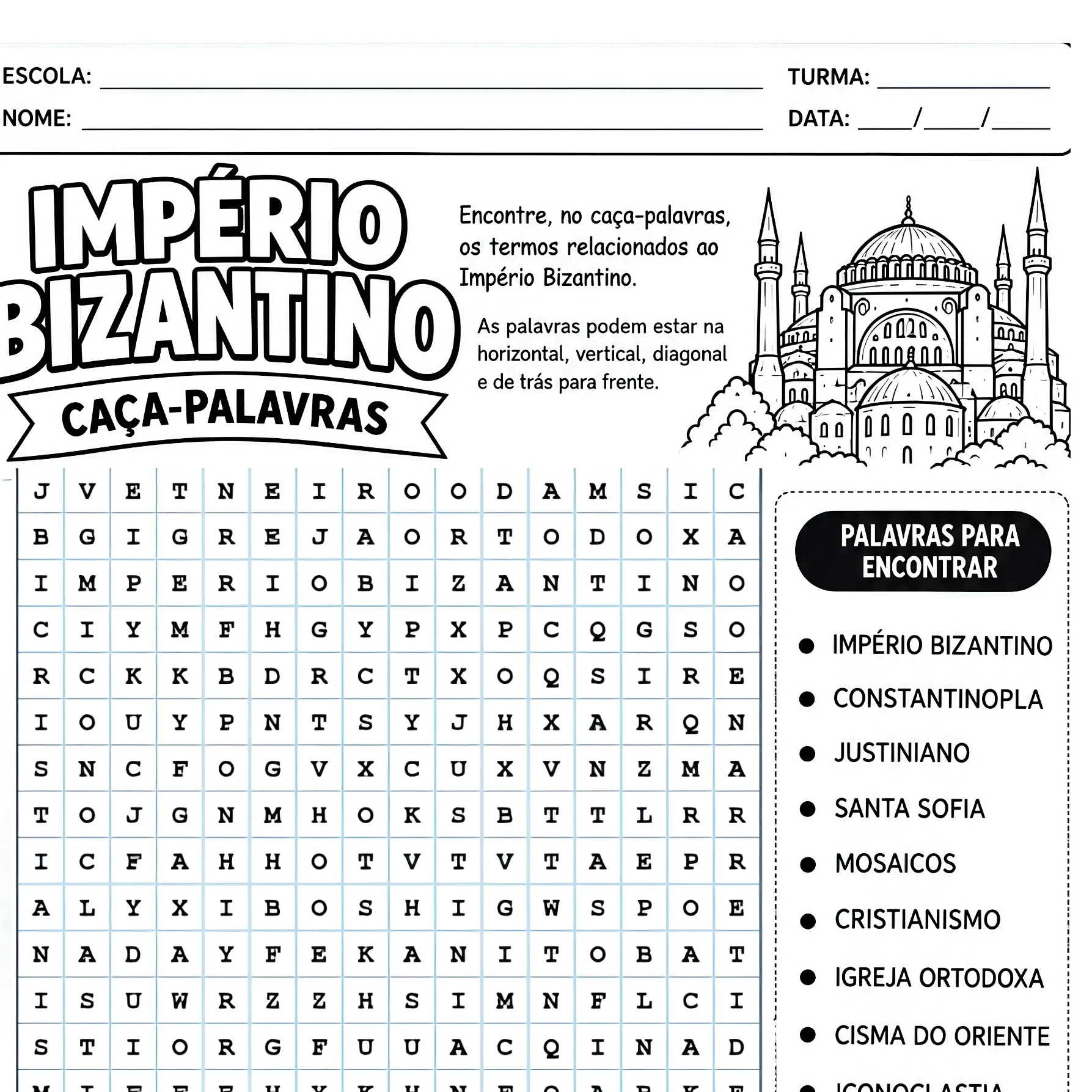 Caça-Palavras sobre o Império Bizantino- com gabarito — Jogos pedagógicos para Todas as séries: Economize Horas de…