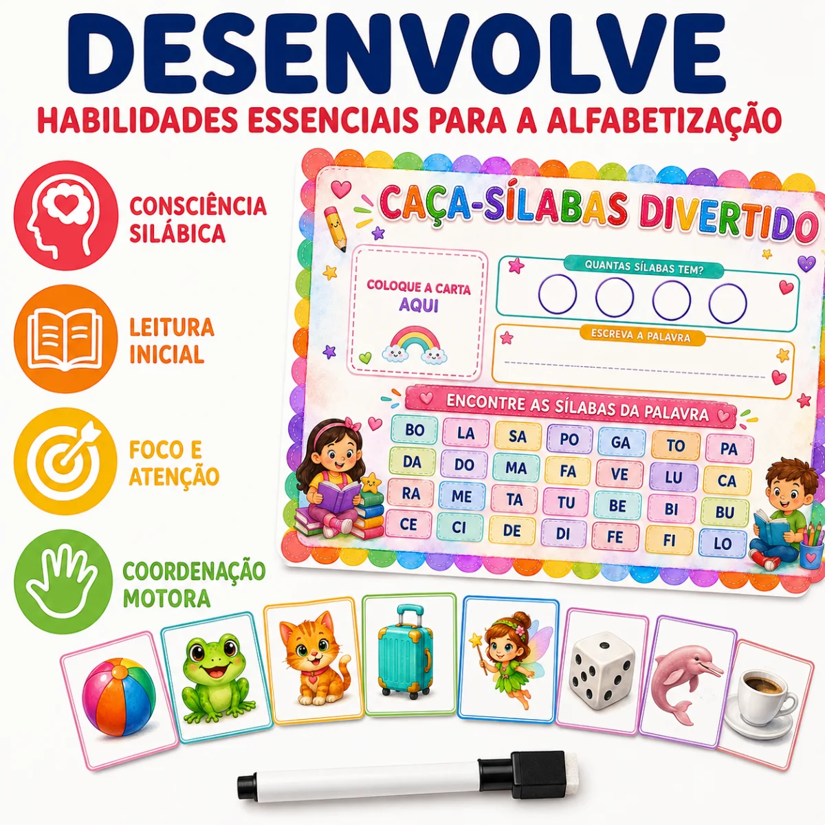 CAÇA SÍLABAS DIVERTIDO — amostra 3: 🌈 CAÇA-SÍLABAS DIVERTIDO 🌈 Aprender a formar palavras ficou muito mais divertido