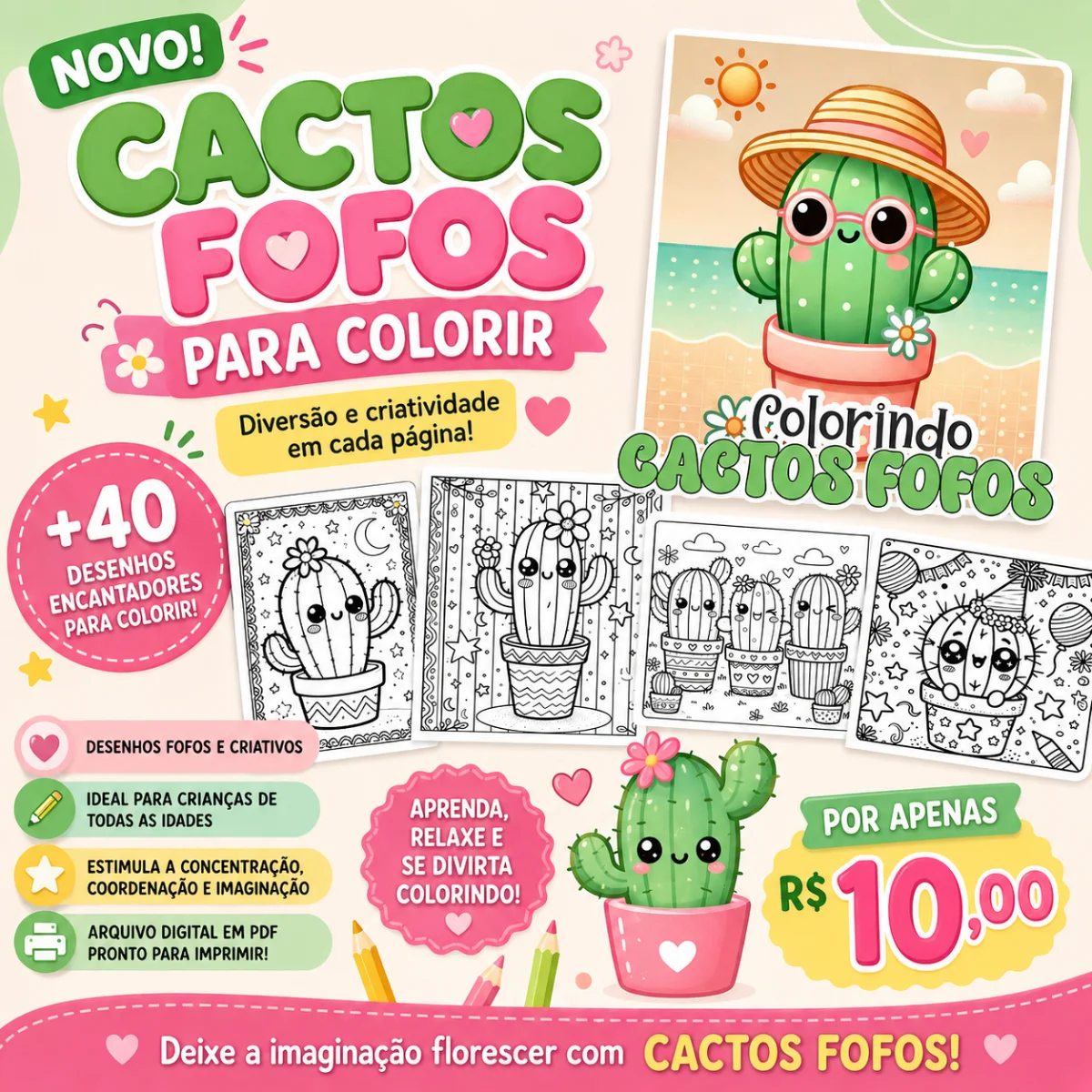 🌵💗 CACTOS FOFOS PARA COLORIR!- ARTES ALFABETIZAÇÃO — capa do material