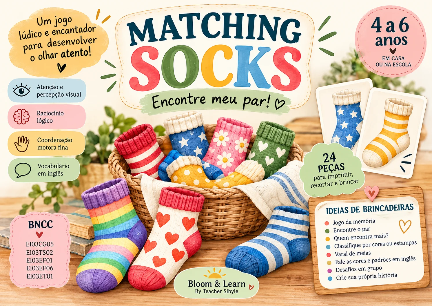 Cadê Meu Par? – Jogo das Meias | Atenção, Memória e Inglês — amostra 1: 🧦 Matching Socks – Encontre Meu Par!