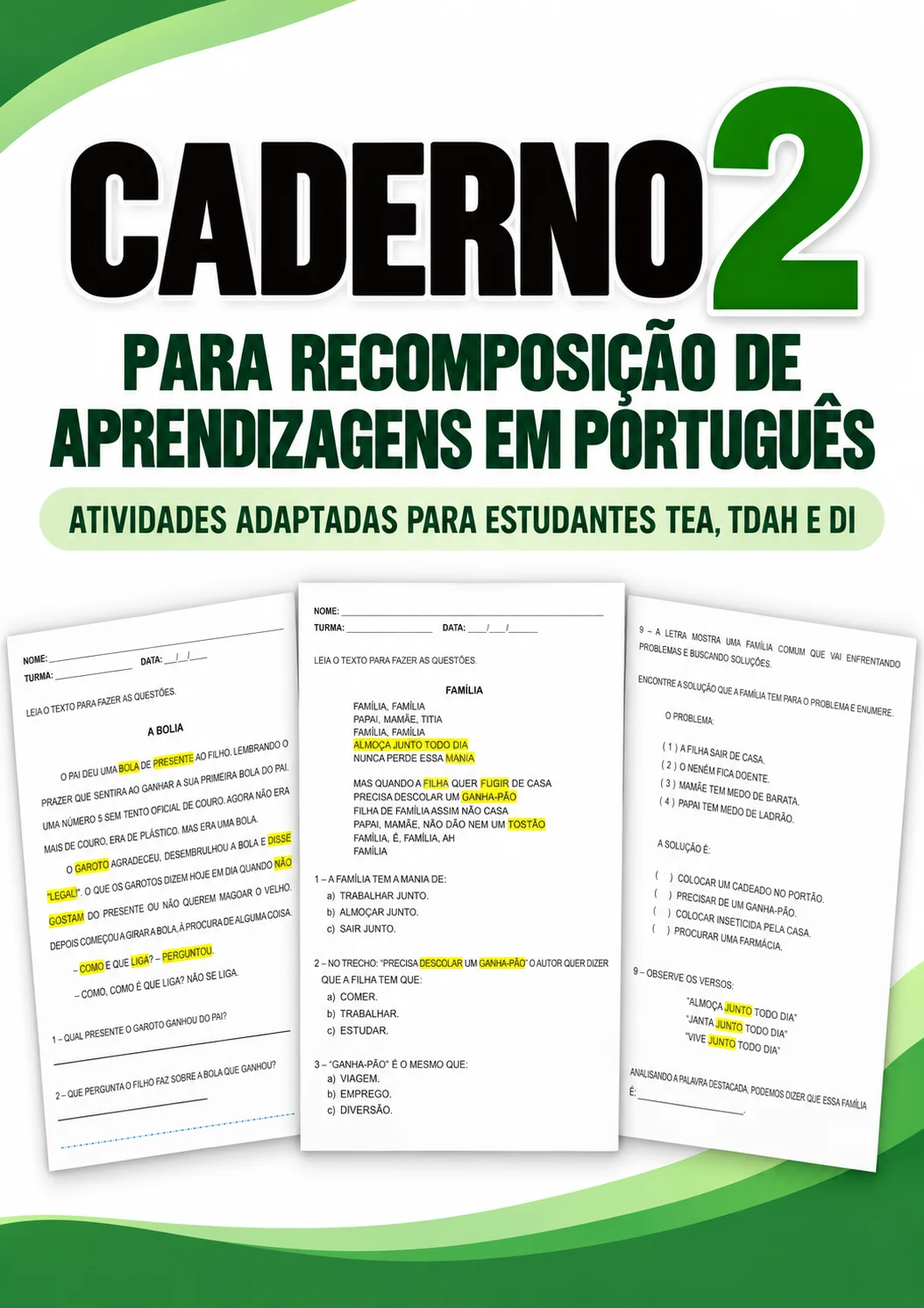 CADERNO 2 PARA RECOMPOSIÇÃO DE PORTUGUÊS - ATIVIDADES ADAPTADAS — Português para Fundamental II (6º–9º): Seu aluno…