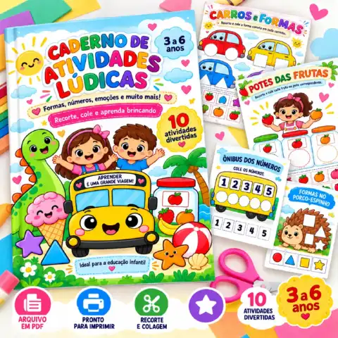Caderno de Atividades Lúdicas – Formas, Números e Emoções — amostra 3: Caderno com 10 atividades lúdicas de recorte e…